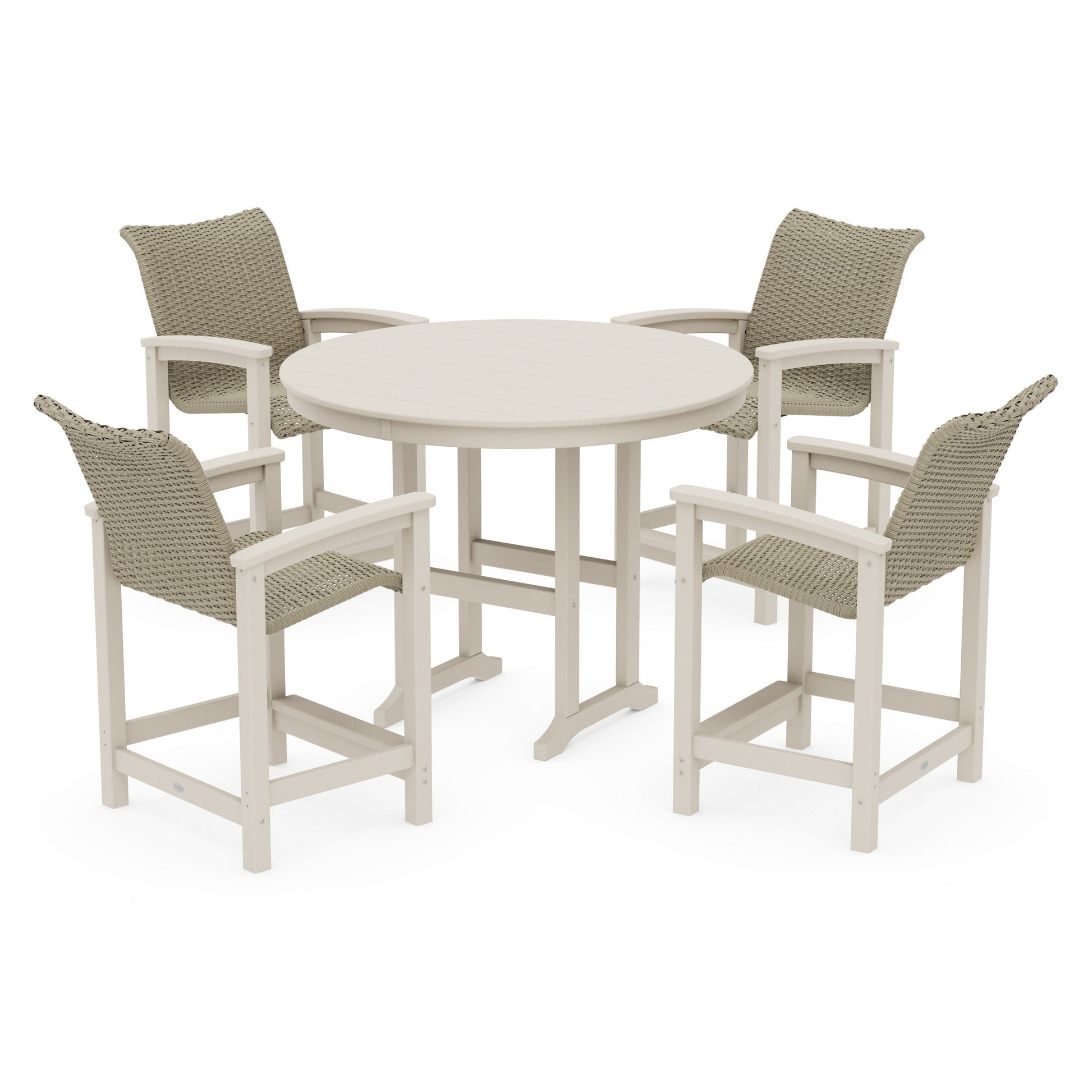 POLYWOOD Coastal Woven 5-Piece Round Farmhouse Counter Set — Sand / Dune Grass