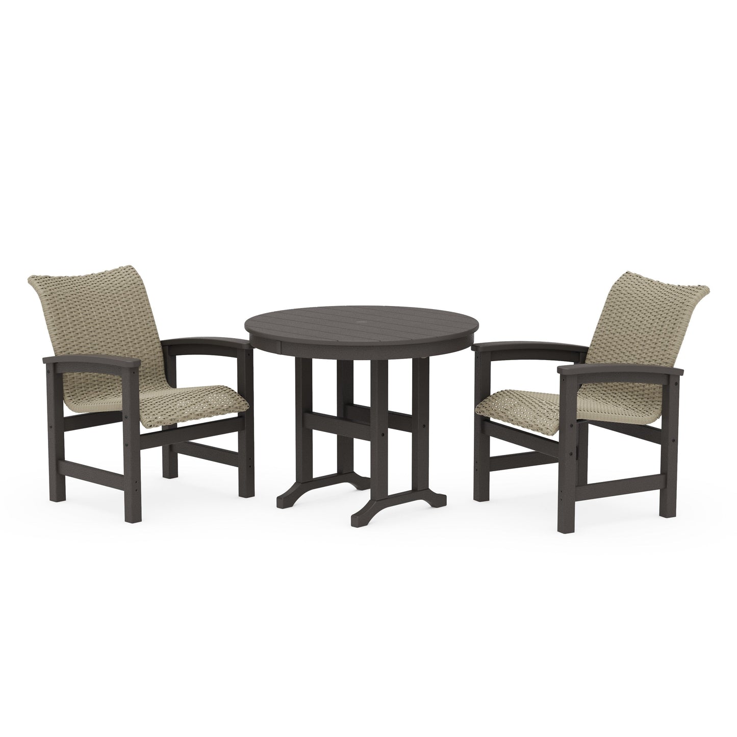 POLYWOOD Coastal Woven 3-Piece Farmhouse Dining Set — Vintage Coffee / Dune Grass