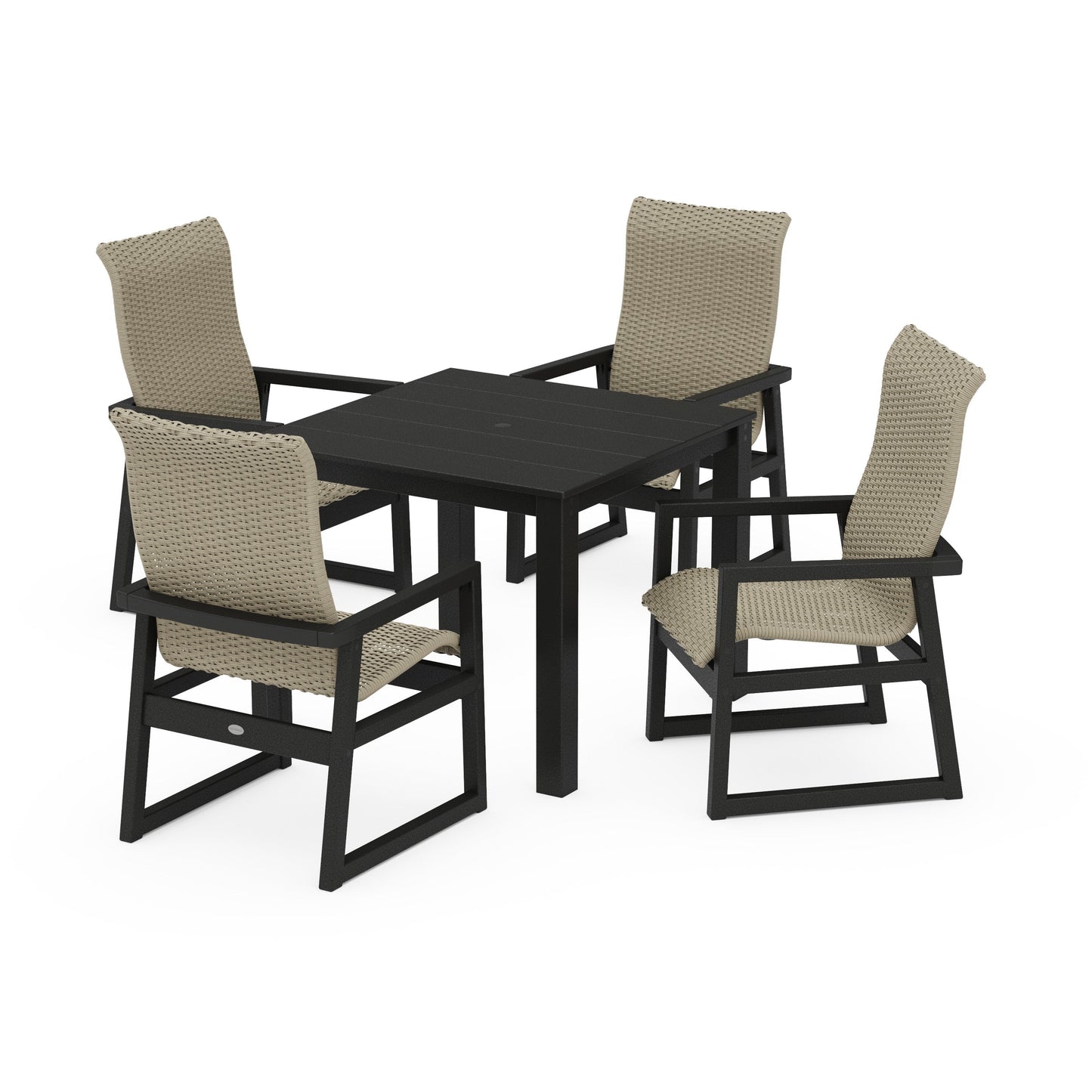 POLYWOOD EDGE Woven Highback 5-Piece Parsons Dining Set — Black / Dune Grass