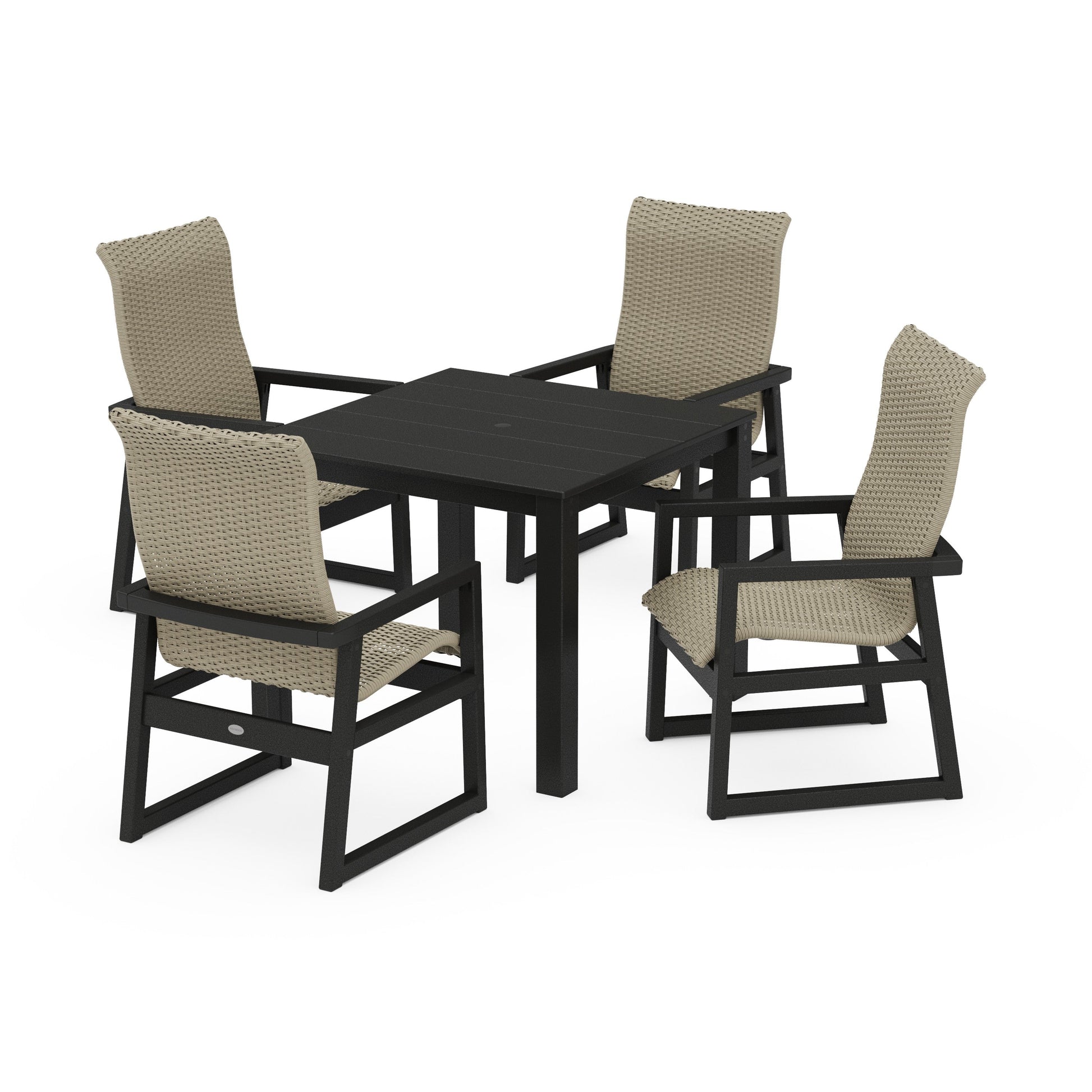 POLYWOOD EDGE Woven Highback 5-Piece Parsons Dining Set — Black / Dune Grass
