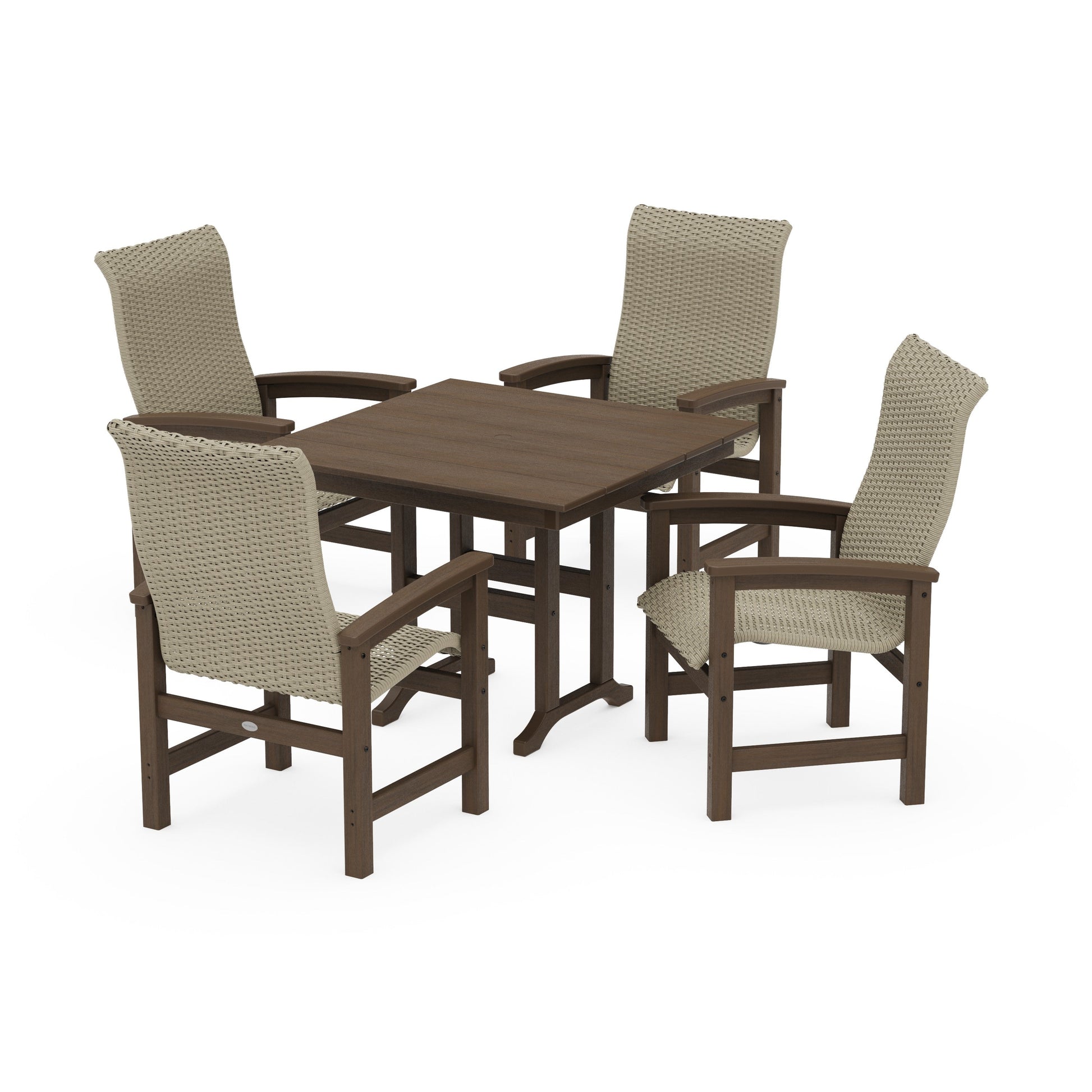 POLYWOOD Coastal Woven High-Back 5-Piece Farmhouse Dining Set — Kona / Dune Grass