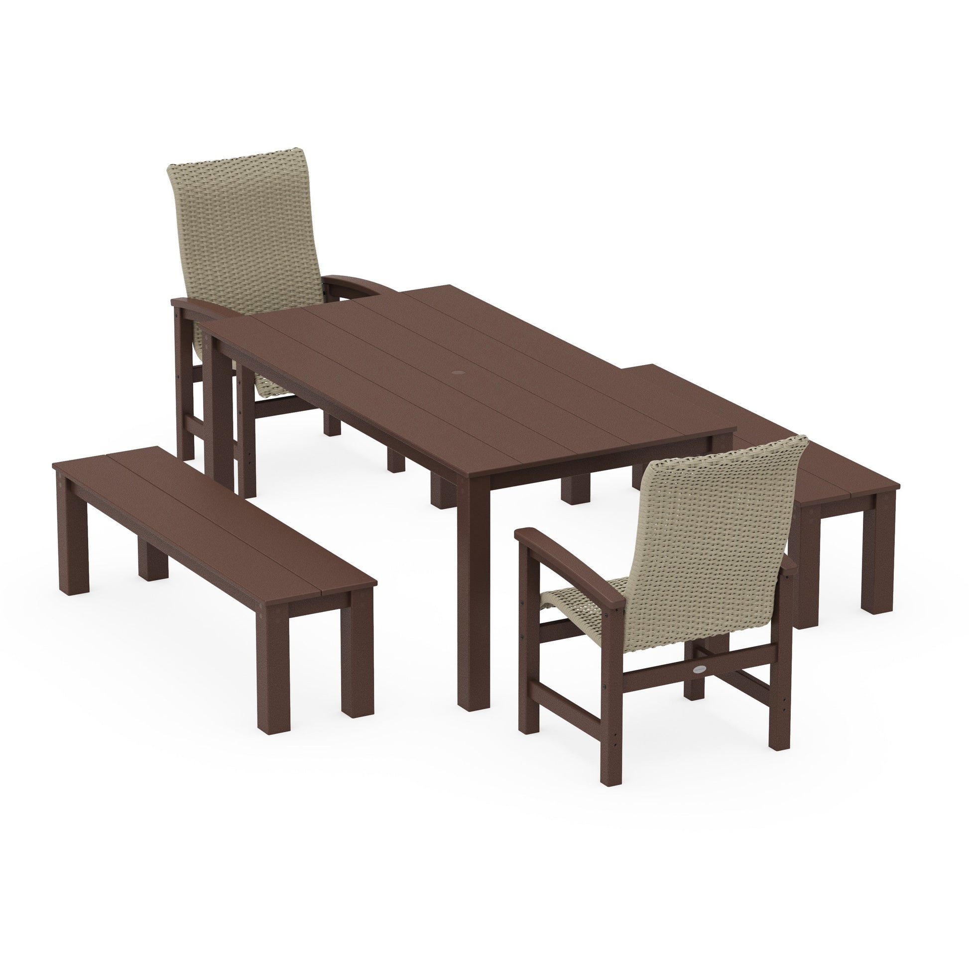 POLYWOOD Coastal Woven High-Back 5-Piece Parsons Dining Set with Benches — Mahogany / Dune Grass
