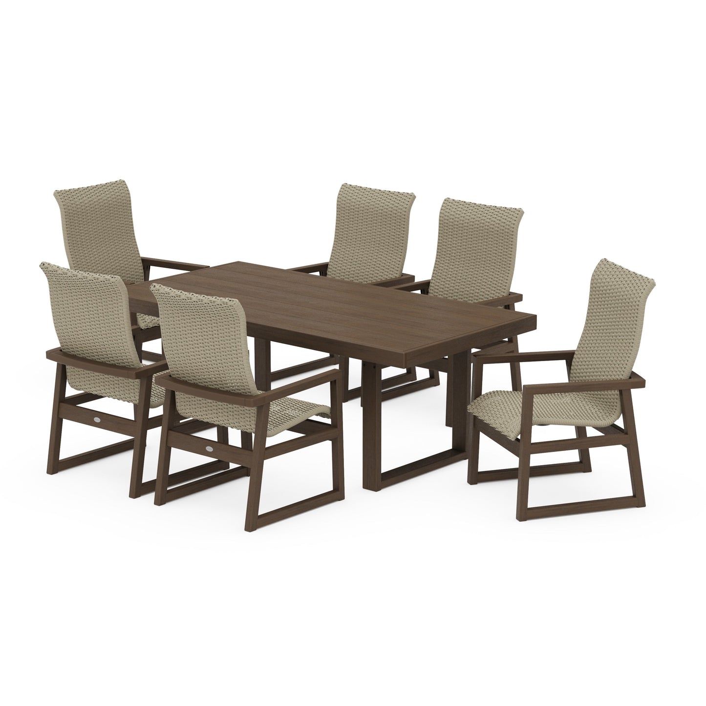 POLYWOOD EDGE Woven Highback Arm Chair 7-Piece Dining Set — Kona / Dune Grass