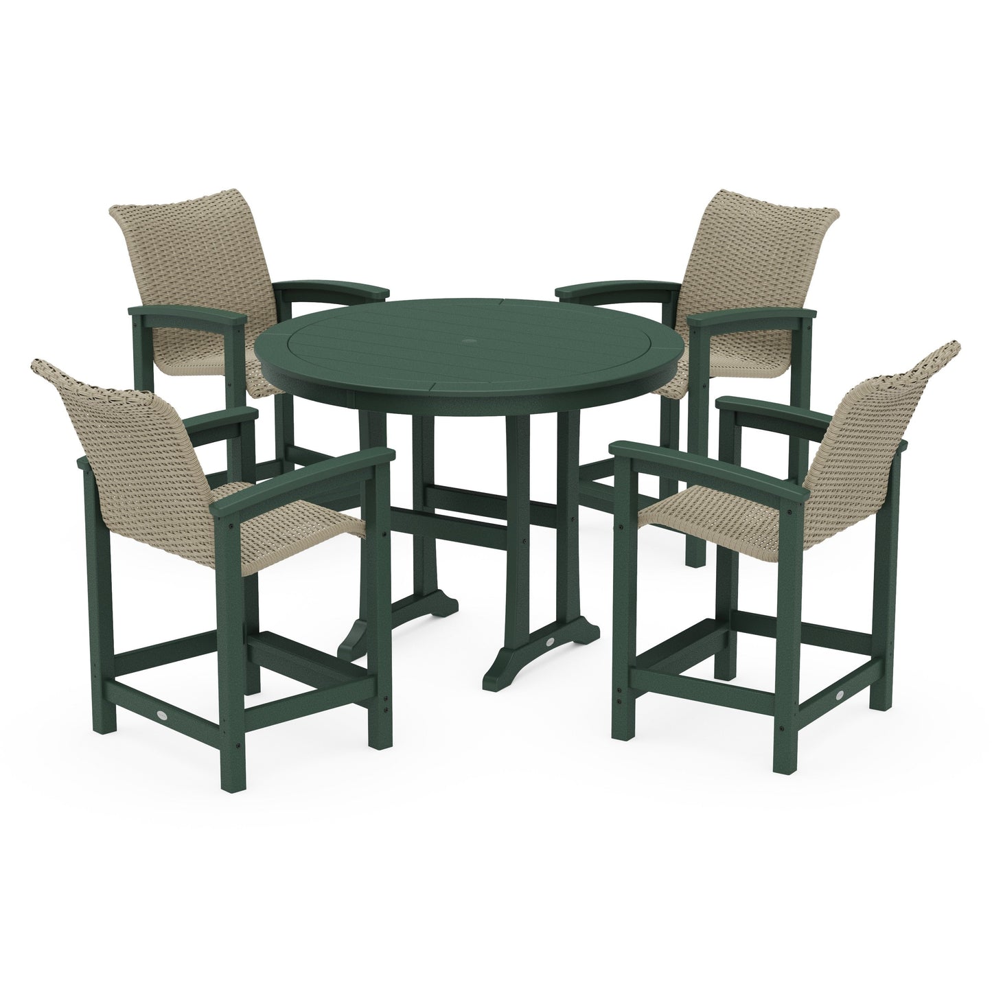 POLYWOOD Coastal Woven 5-Piece Round Counter Set — Green / Dune Grass