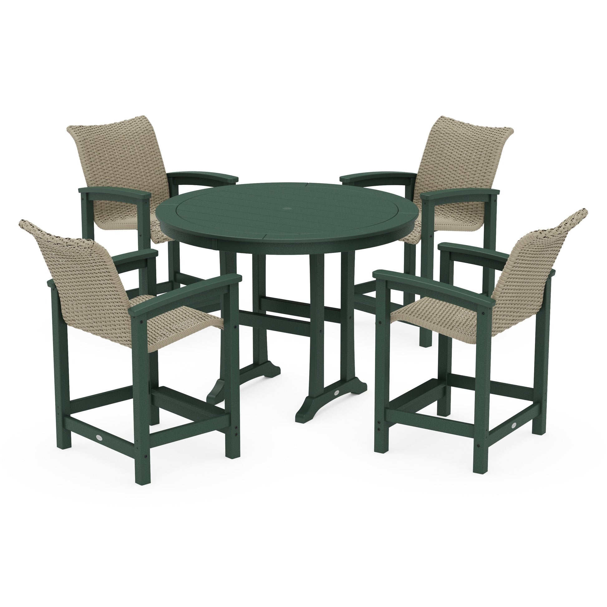 POLYWOOD Coastal Woven 5-Piece Round Counter Set — Green / Dune Grass