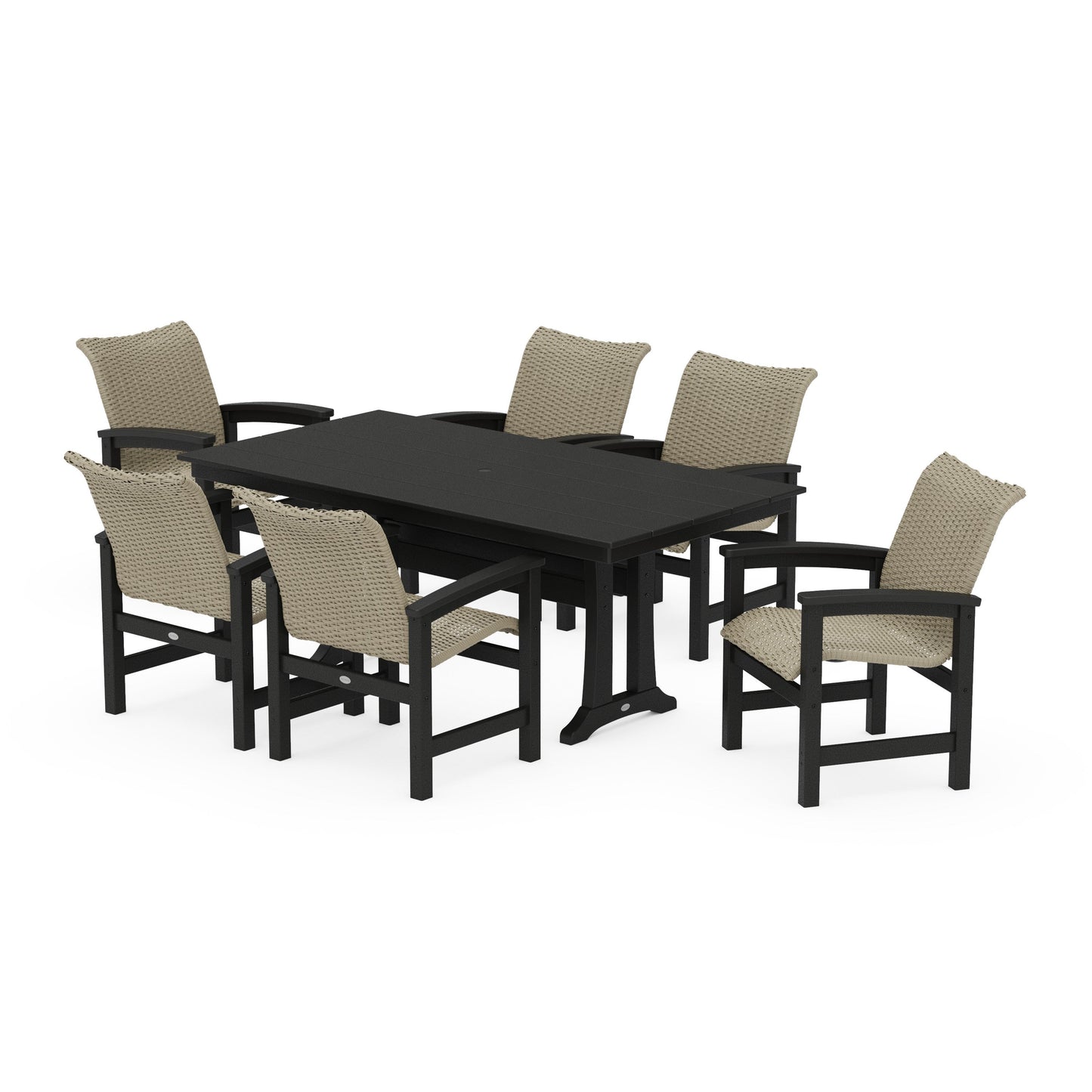 POLYWOOD Coastal Woven Arm Chair 7-Piece Farmhouse Dining Set with Trestle Legs — Black / Dune Grass