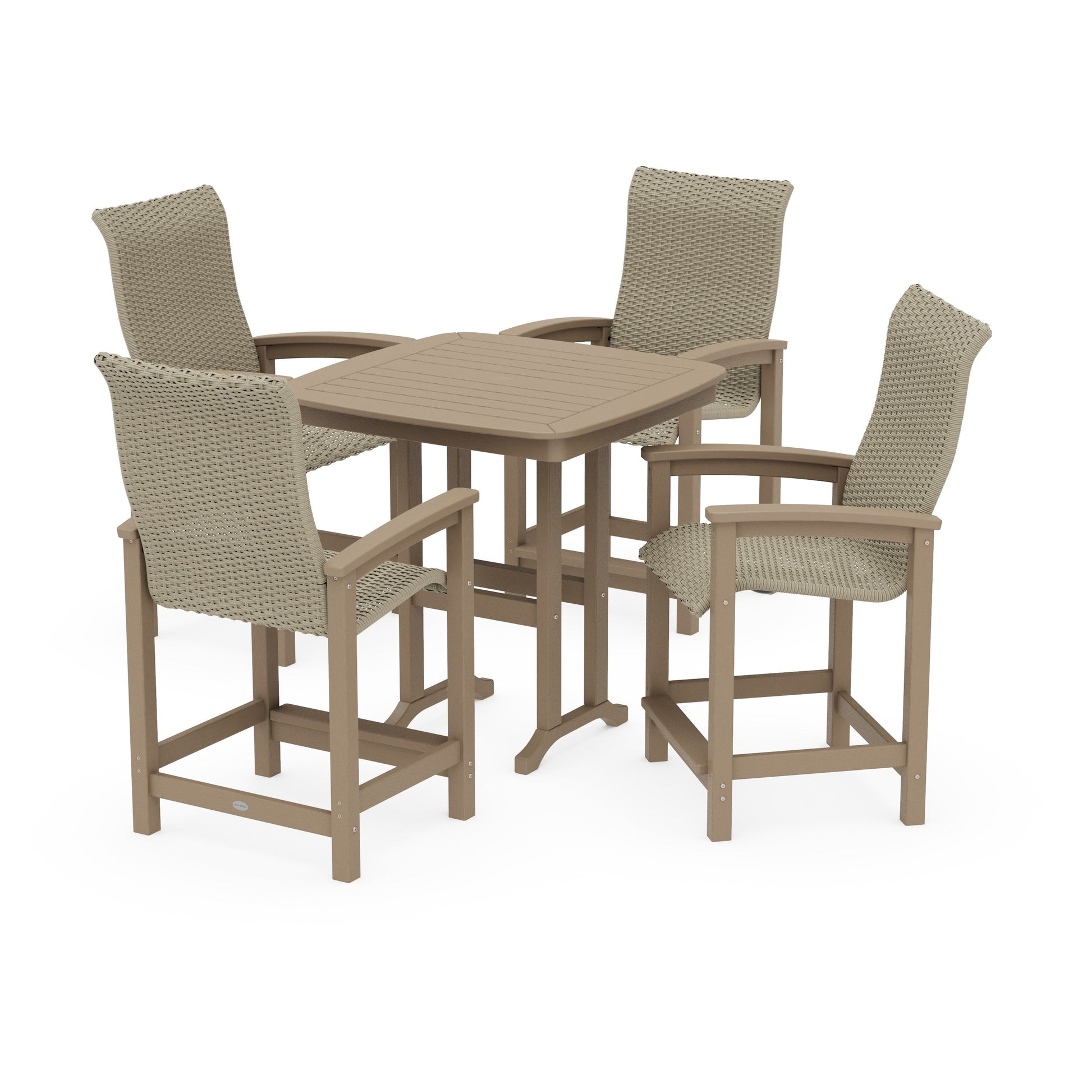 POLYWOOD Coastal Woven High-Back 5-Piece Counter Set — Vintage Sahara / Dune Grass