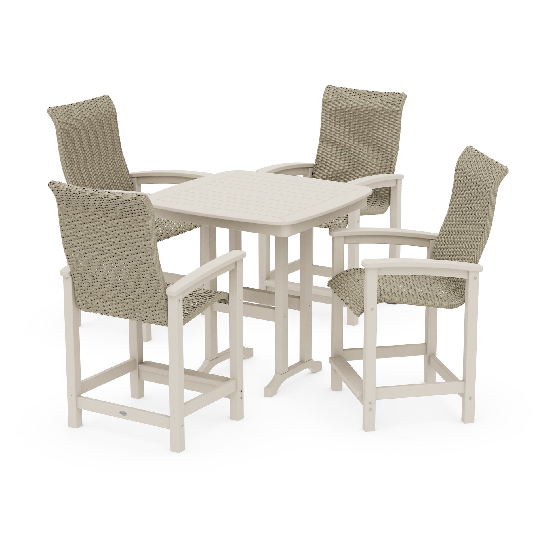 POLYWOOD Coastal Woven High-Back 5-Piece Counter Set — Sand / Dune Grass