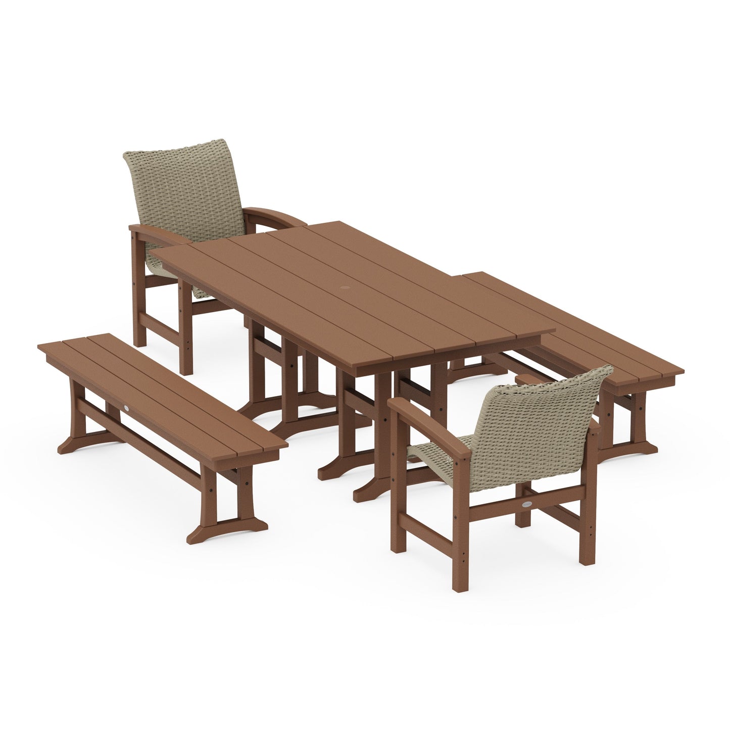 POLYWOOD Coastal Woven 5-Piece Farmhouse Dining Set with Benches — Teak / Dune Grass