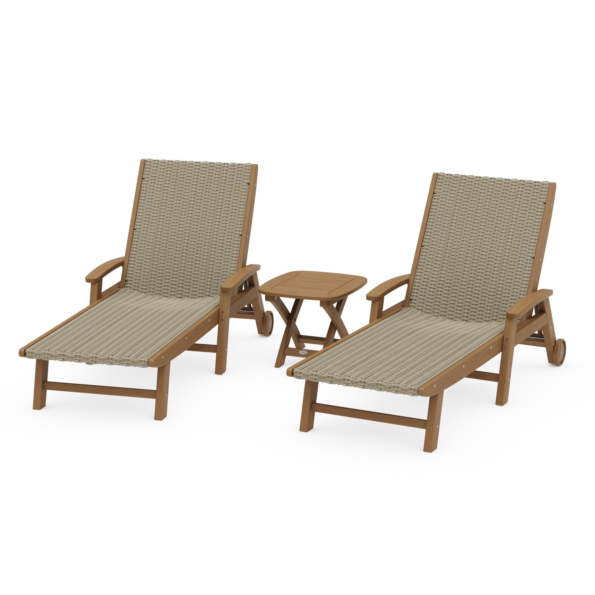 POLYWOOD 3-Piece Coastal Woven Chaise with Arms and Wheels Chaise Lounge Set — Natural / Dune Grass