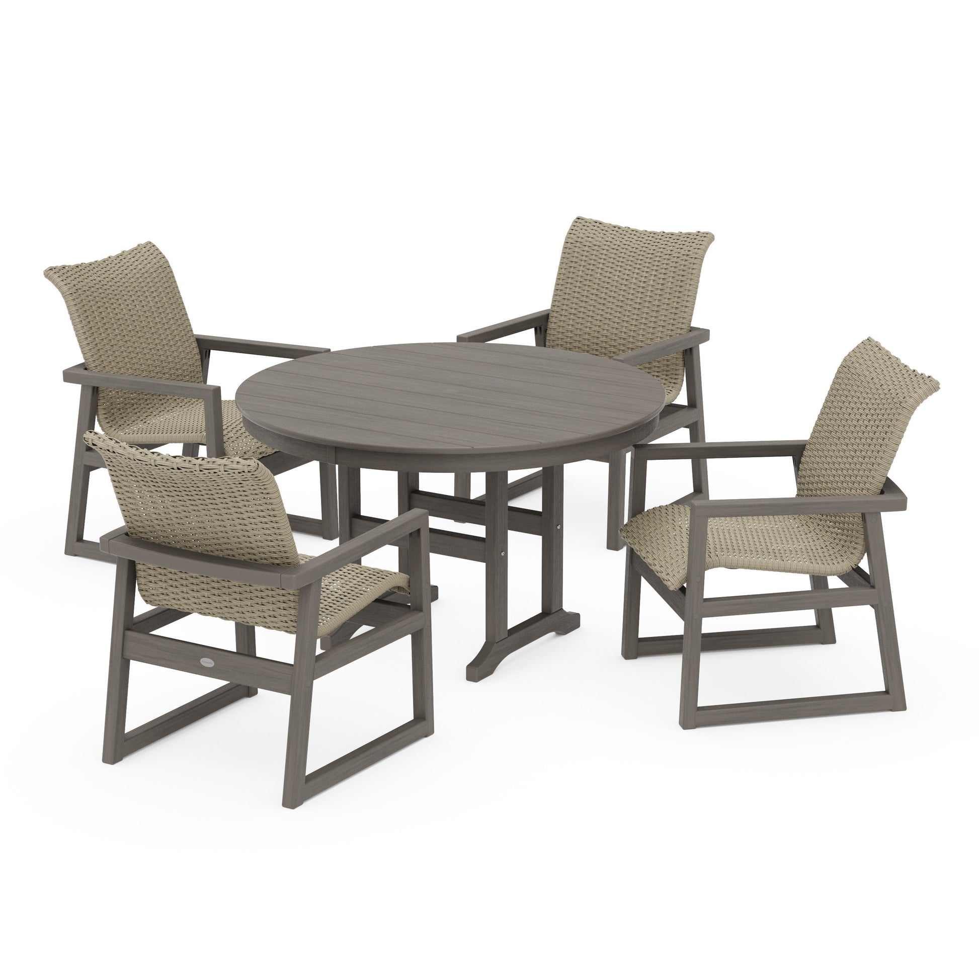 POLYWOOD EDGE Woven 5-Piece Round Farmhouse Dining Set — Driftwood / Dune Grass