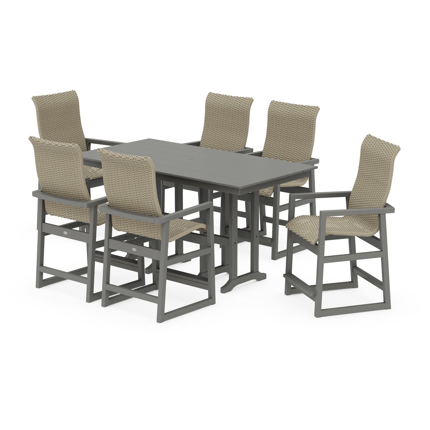 POLYWOOD EDGE Woven Highback Arm Chair 7-Piece Farmhouse Counter Set — Slate Grey / Dune Grass
