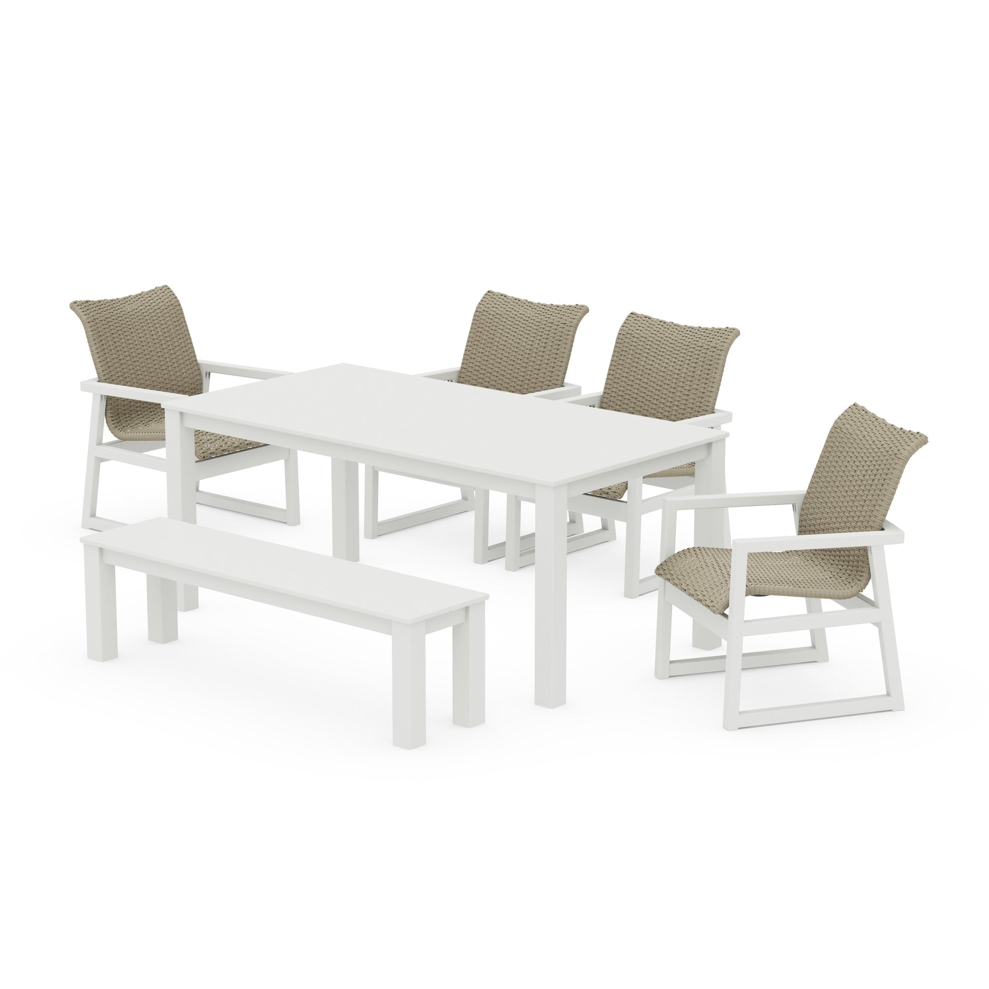 POLYWOOD EDGE Woven 6-Piece Parsons Dining Set with Bench — White / Dune Grass