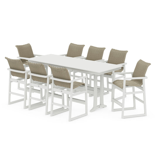 POLYWOOD EDGE Woven 9-Piece Farmhouse Bar Set with Trestle Legs — White / Dune Grass
