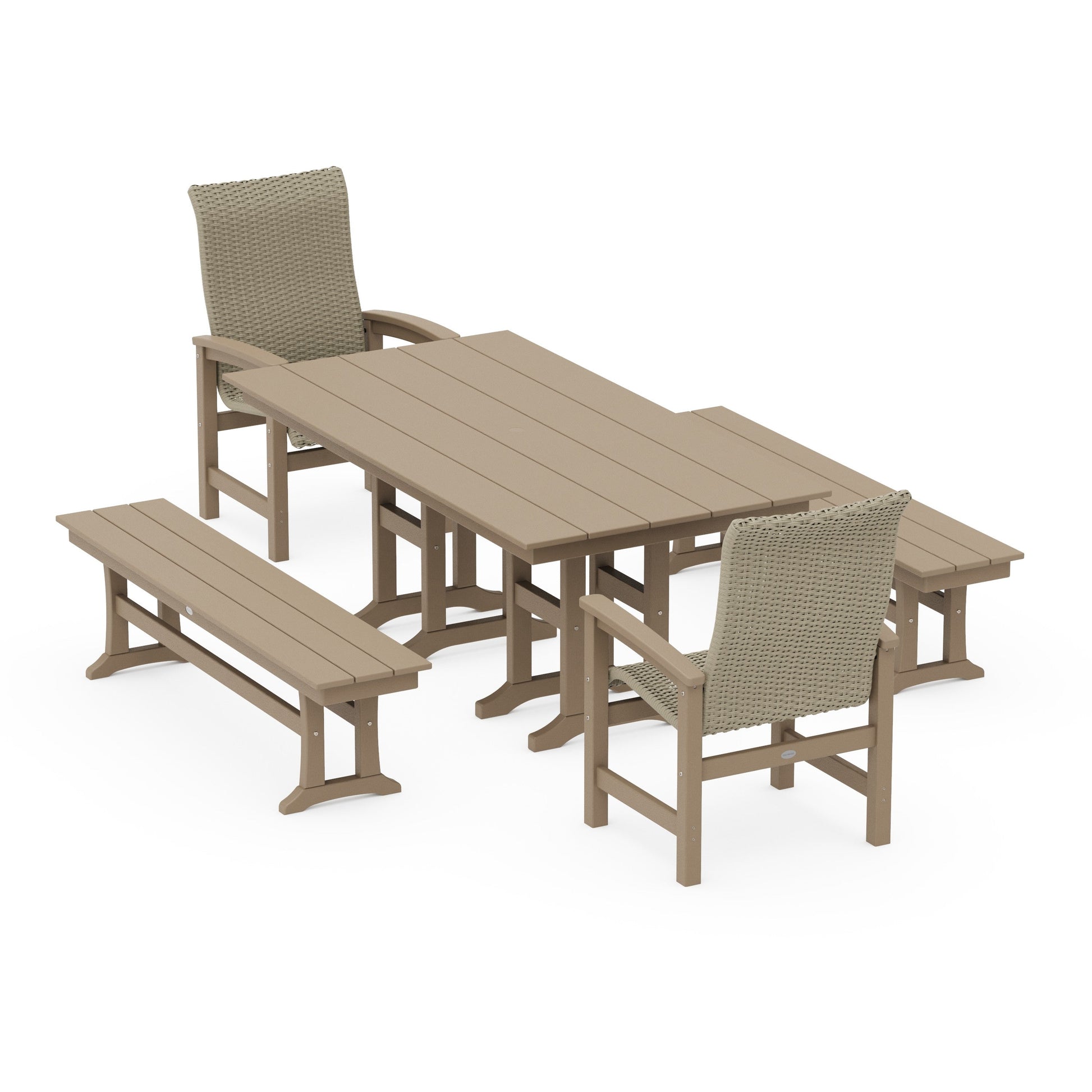 POLYWOOD Coastal Woven High-Back 5-Piece Farmhouse Dining Set with Benches — Vintage Sahara / Dune Grass