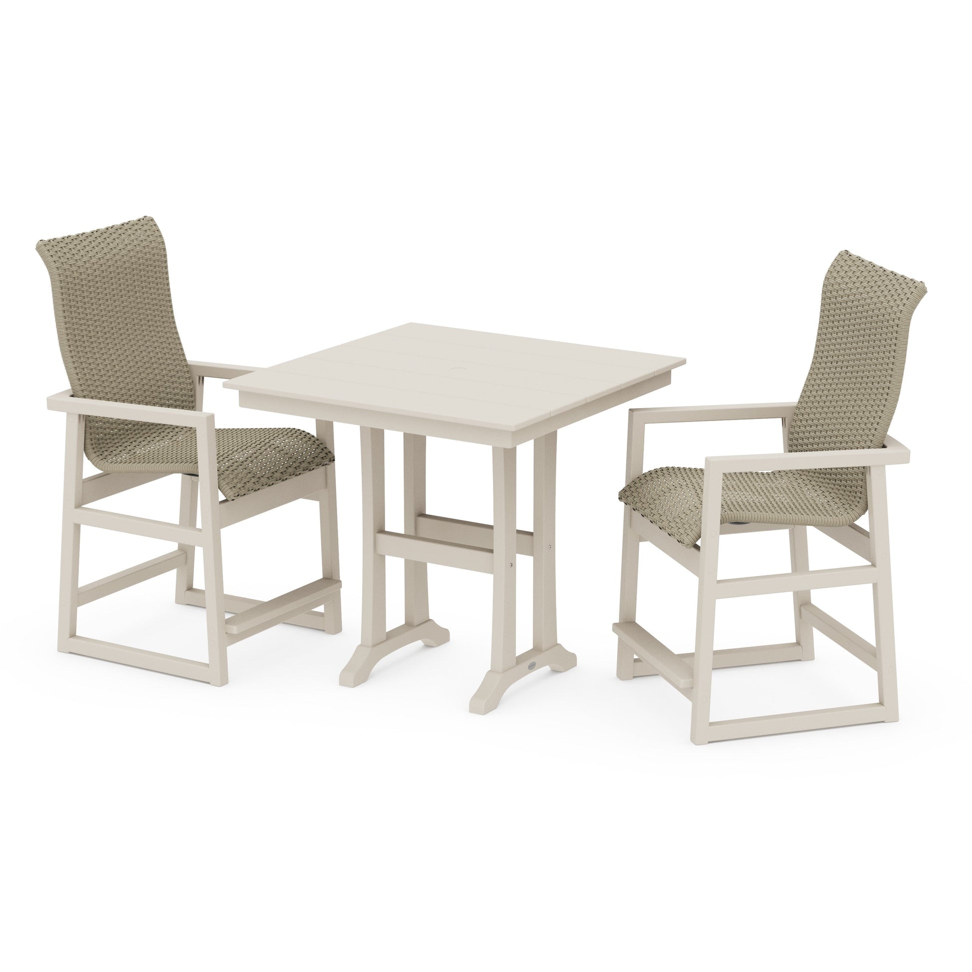 POLYWOOD EDGE Woven Highback 3-Piece Farmhouse Counter Set with Trestle Legs — Sand / Dune Grass
