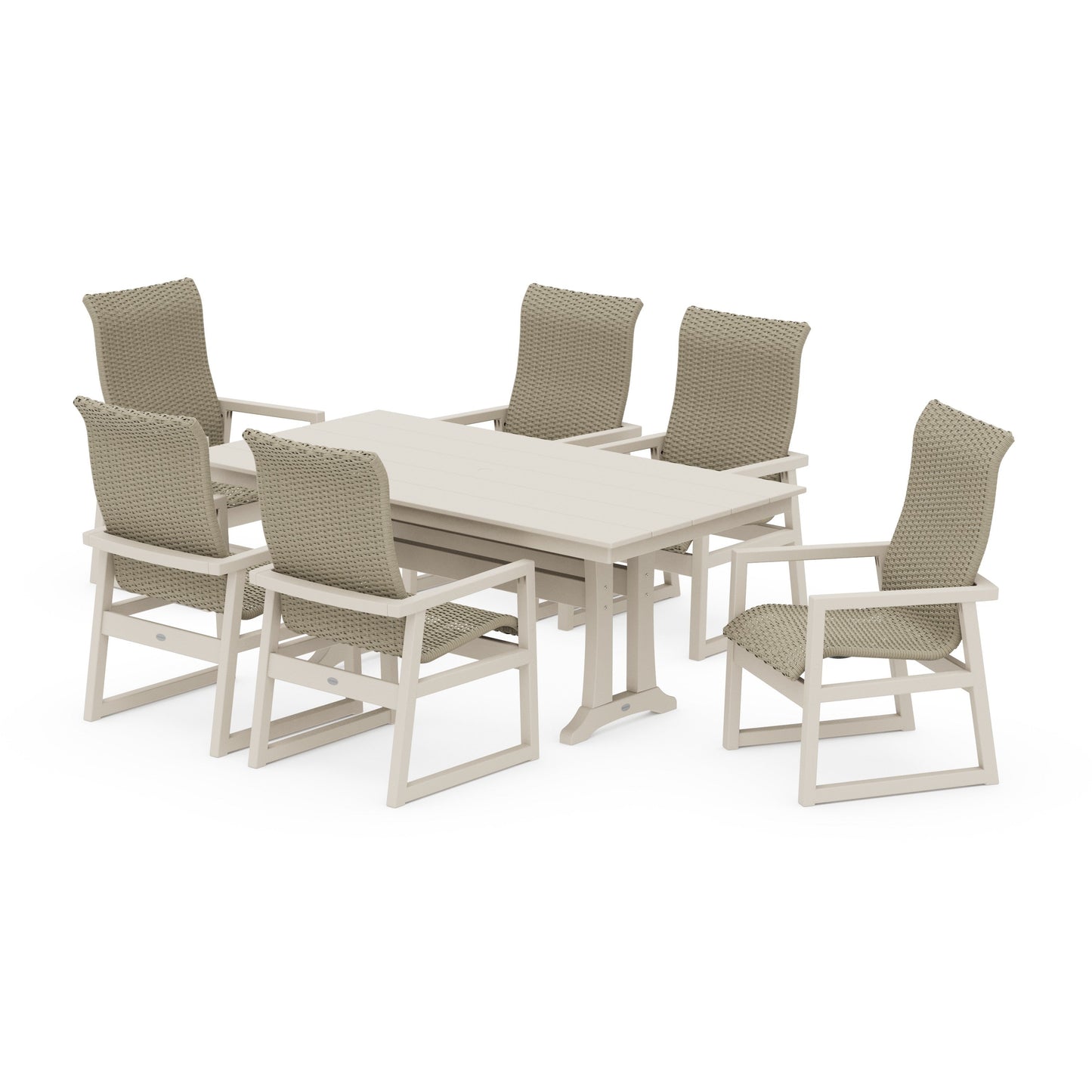 POLYWOOD EDGE Woven Highback Arm Chair 7-Piece Farmhouse Dining Set with Trestle Legs — Sand / Dune Grass