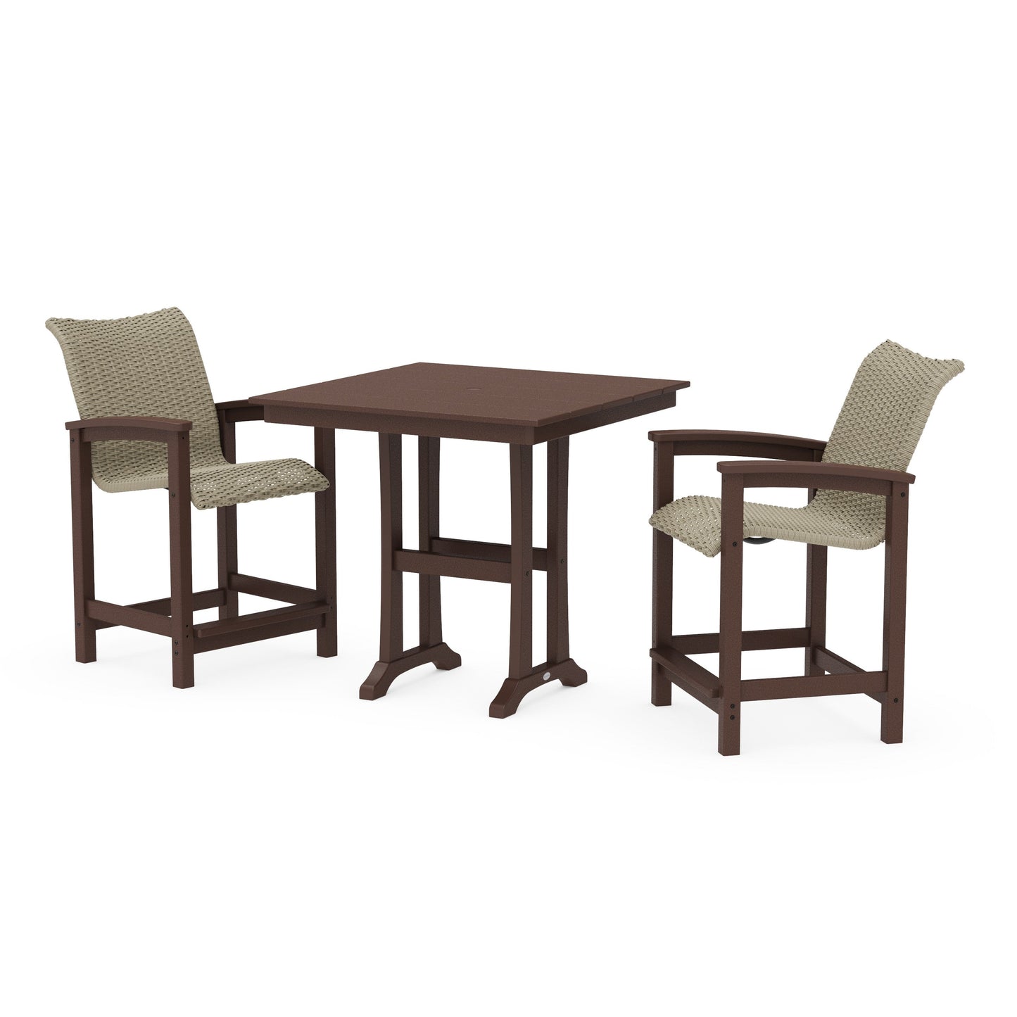 POLYWOOD Coastal Woven 3-Piece Farmhouse Counter Set with Trestle Legs — Mahogany / Dune Grass