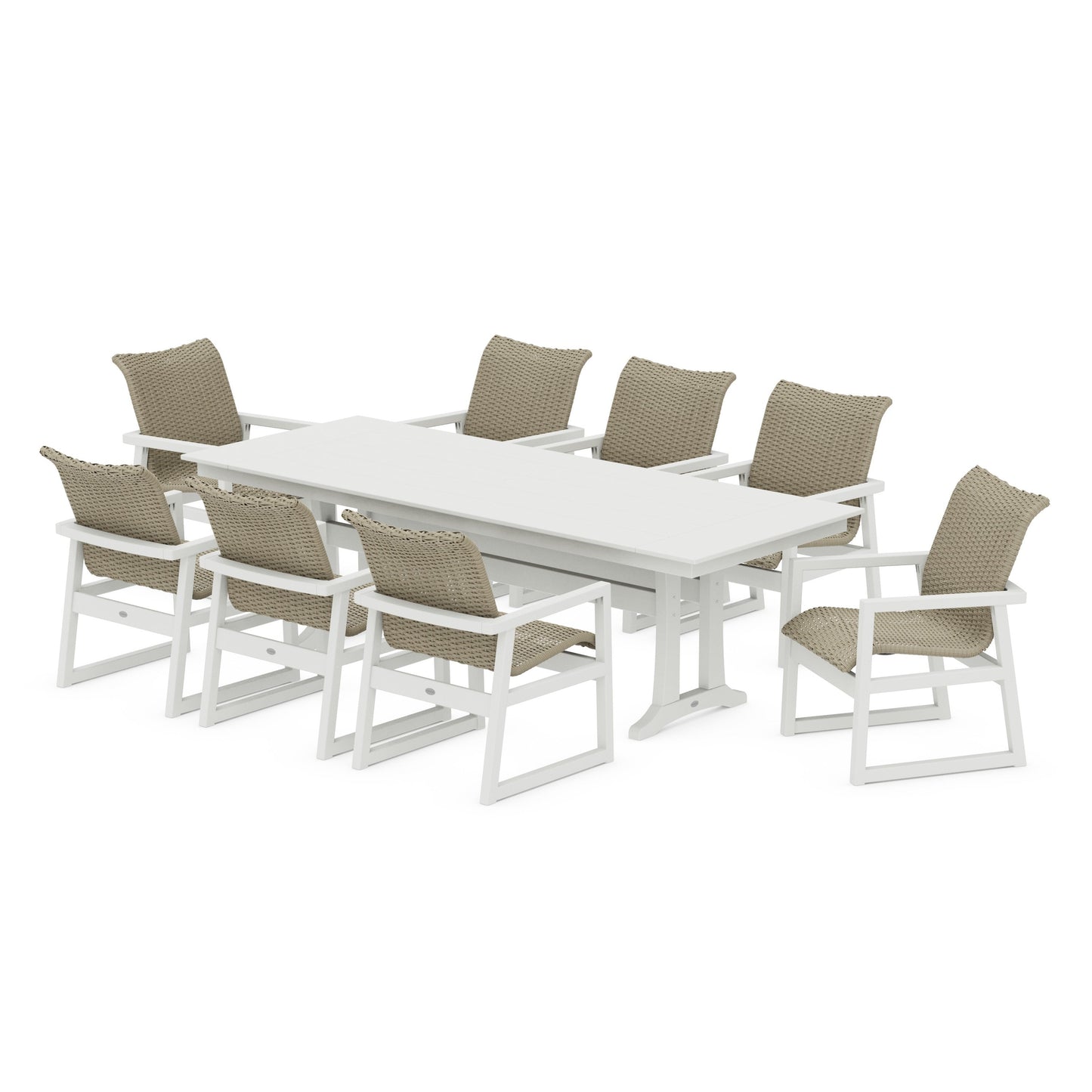 POLYWOOD EDGE Woven 9-Piece Farmhouse Dining Set with Trestle Legs — White / Dune Grass