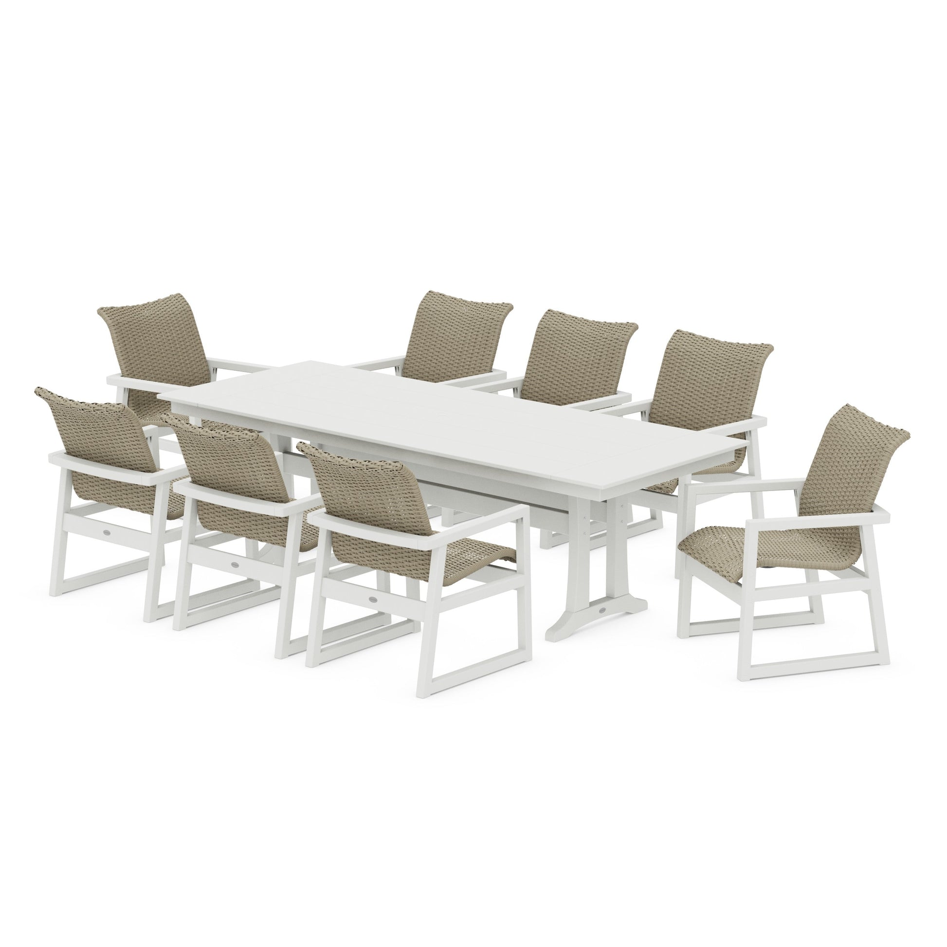 POLYWOOD EDGE Woven 9-Piece Farmhouse Dining Set with Trestle Legs — White / Dune Grass