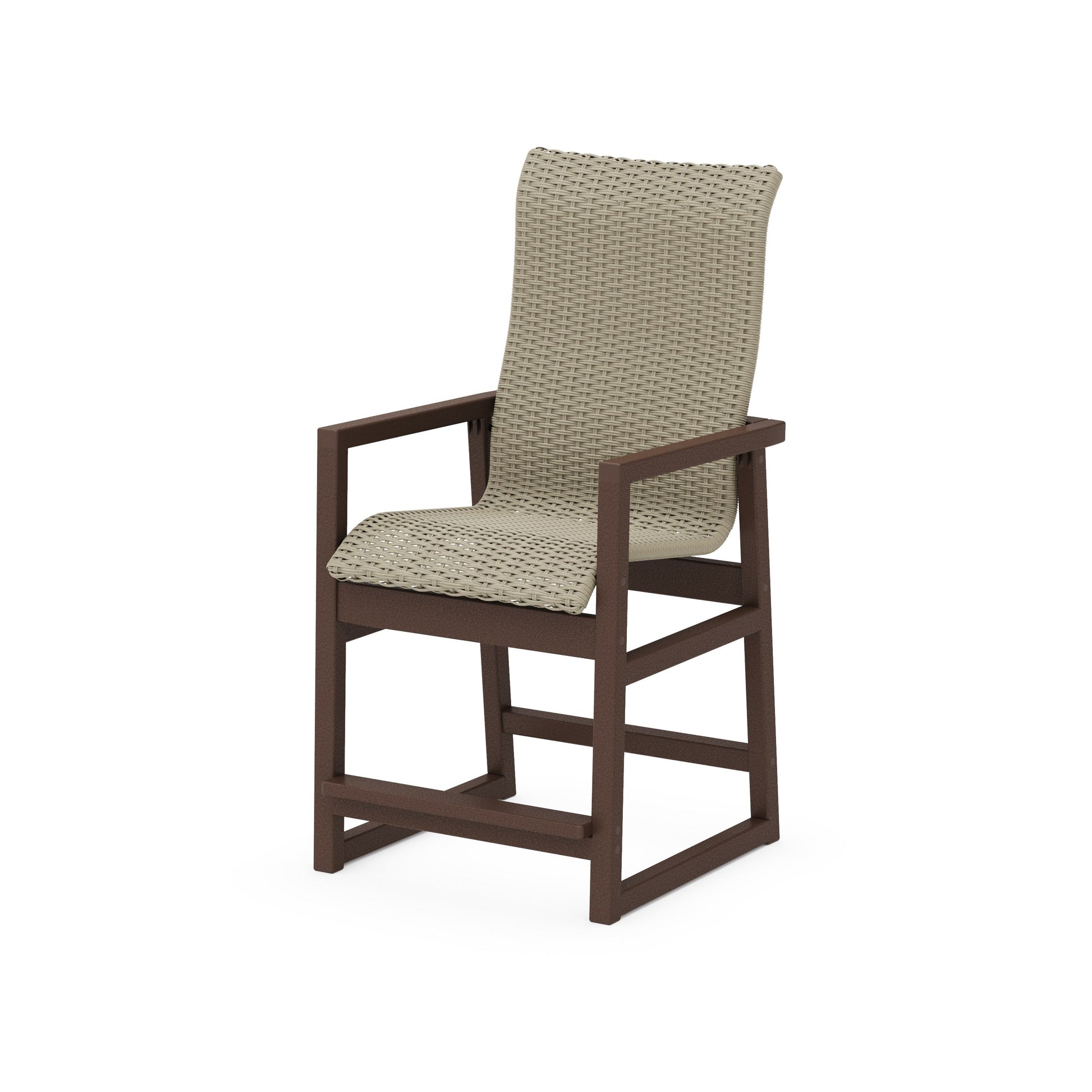 POLYWOOD EDGE Woven High-Back Counter Arm Chair — Mahogany / Dune Grass
