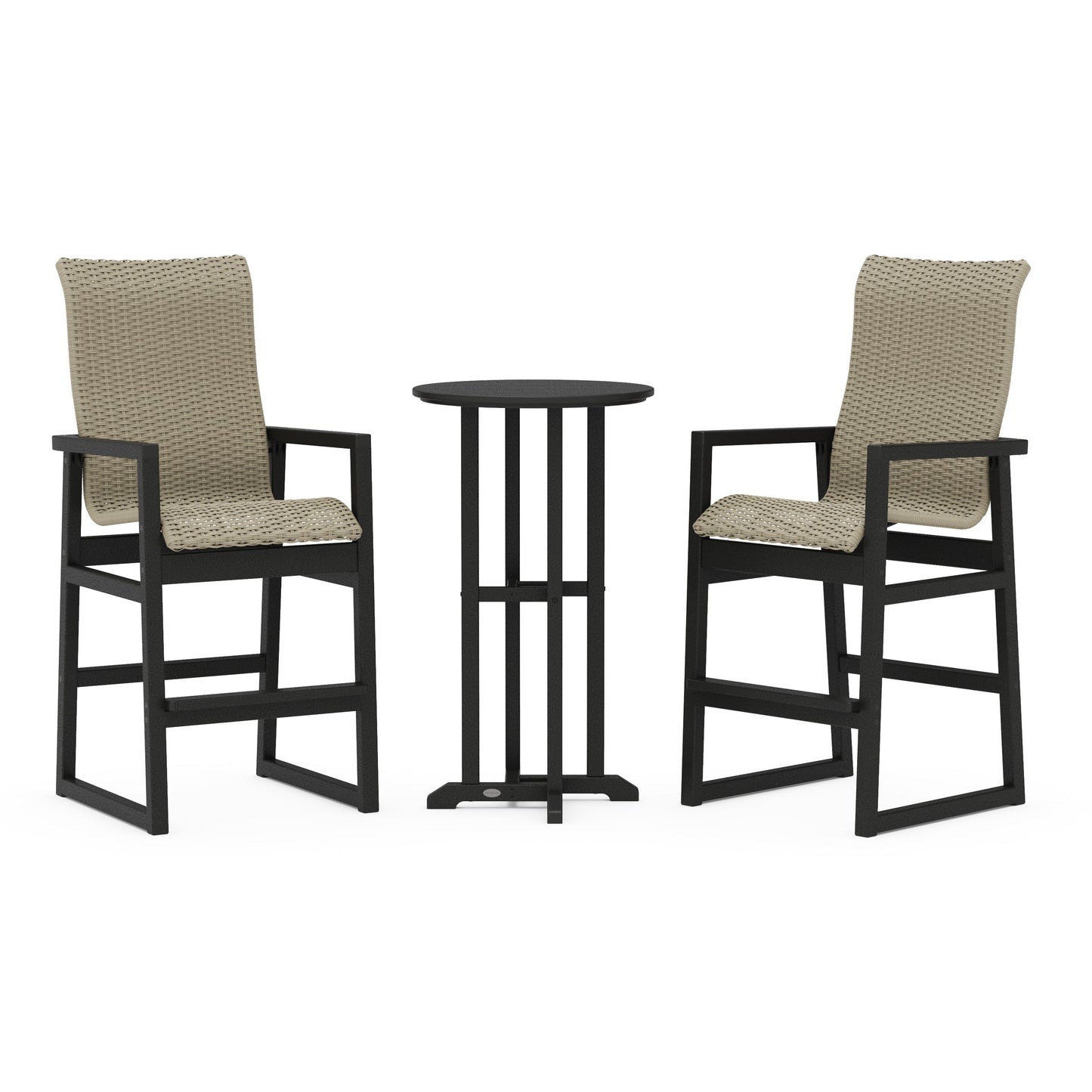 POLYWOOD EDGE Woven Highback 3-Piece Farmhouse Bar Set — Black / Dune Grass