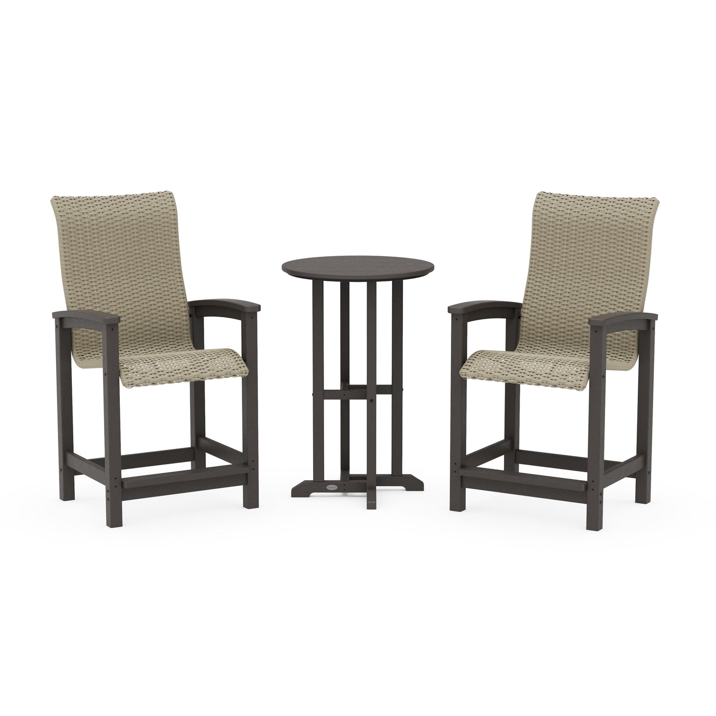 POLYWOOD Coastal Woven High-Back 3-Piece Farmhouse Counter Set — Vintage Coffee / Dune Grass