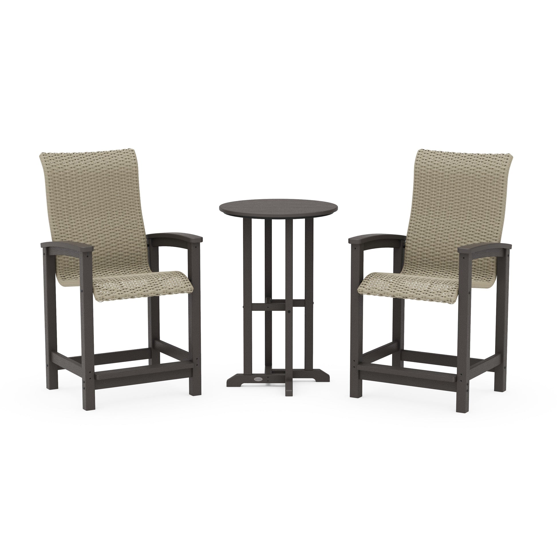 POLYWOOD Coastal Woven High-Back 3-Piece Farmhouse Counter Set — Vintage Coffee / Dune Grass