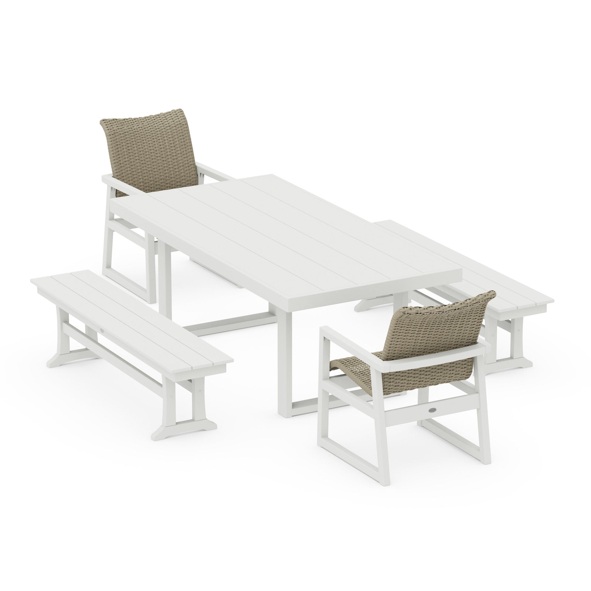 POLYWOOD EDGE Woven 5-Piece Dining Set with Benches — Vintage White / Dune Grass