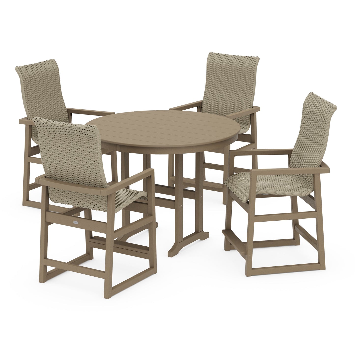 POLYWOOD EDGE Woven Highback 5-Piece Round Farmhouse Counter Set — Vintage Sahara / Dune Grass