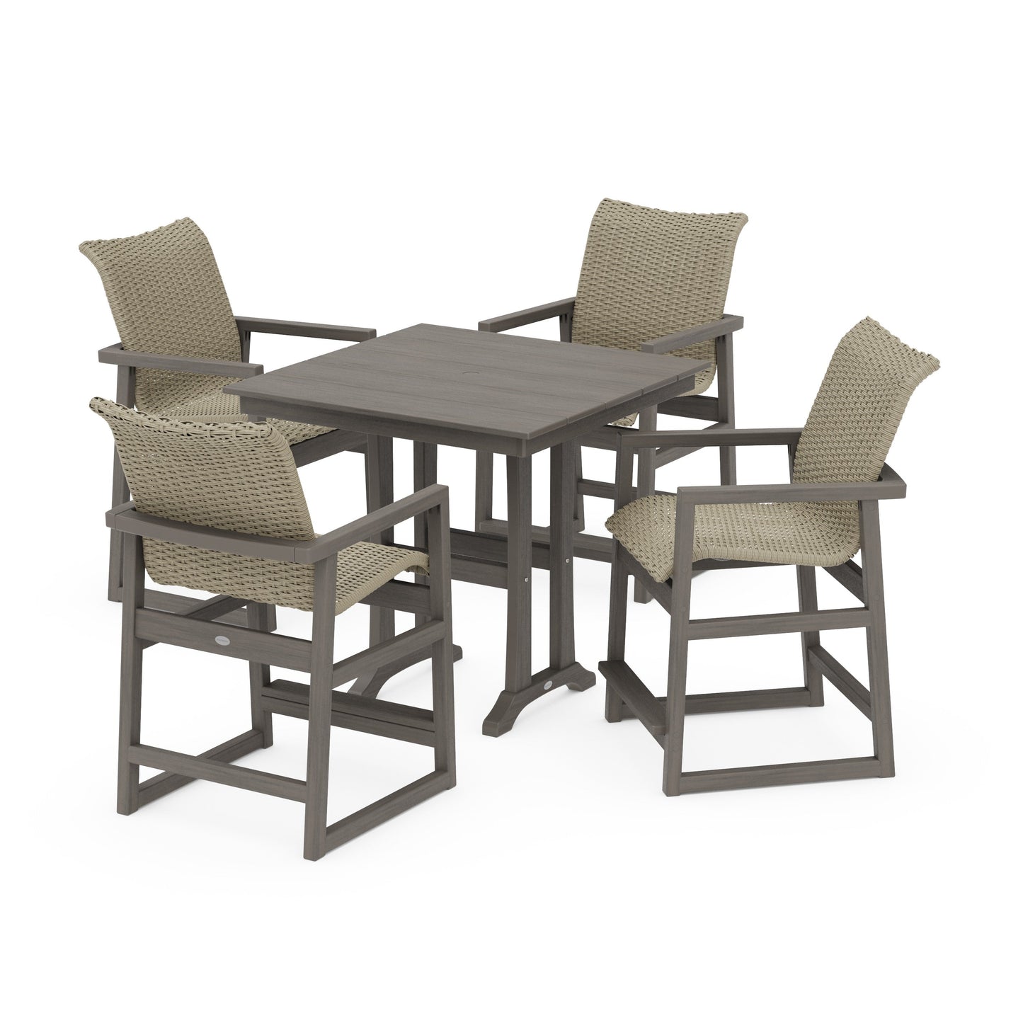 POLYWOOD EDGE Woven 5-Piece Farmhouse Counter Set with Trestle Legs — Driftwood / Dune Grass