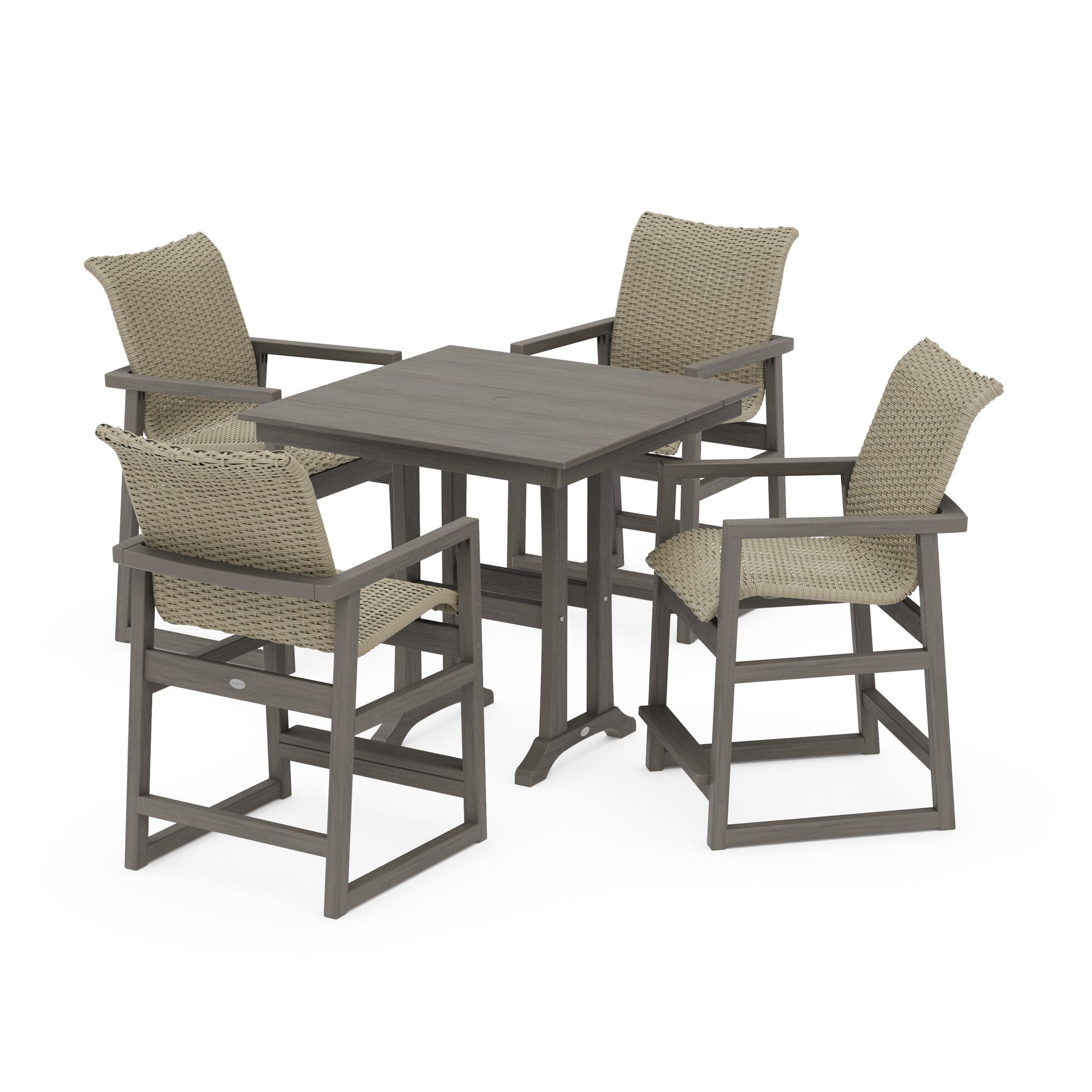 POLYWOOD EDGE Woven 5-Piece Farmhouse Counter Set with Trestle Legs — Driftwood / Dune Grass