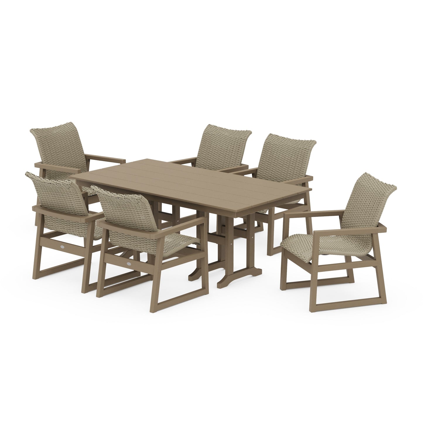 POLYWOOD EDGE Woven Arm Chair 7-Piece Farmhouse Dining Set — Vintage Sahara / Dune Grass