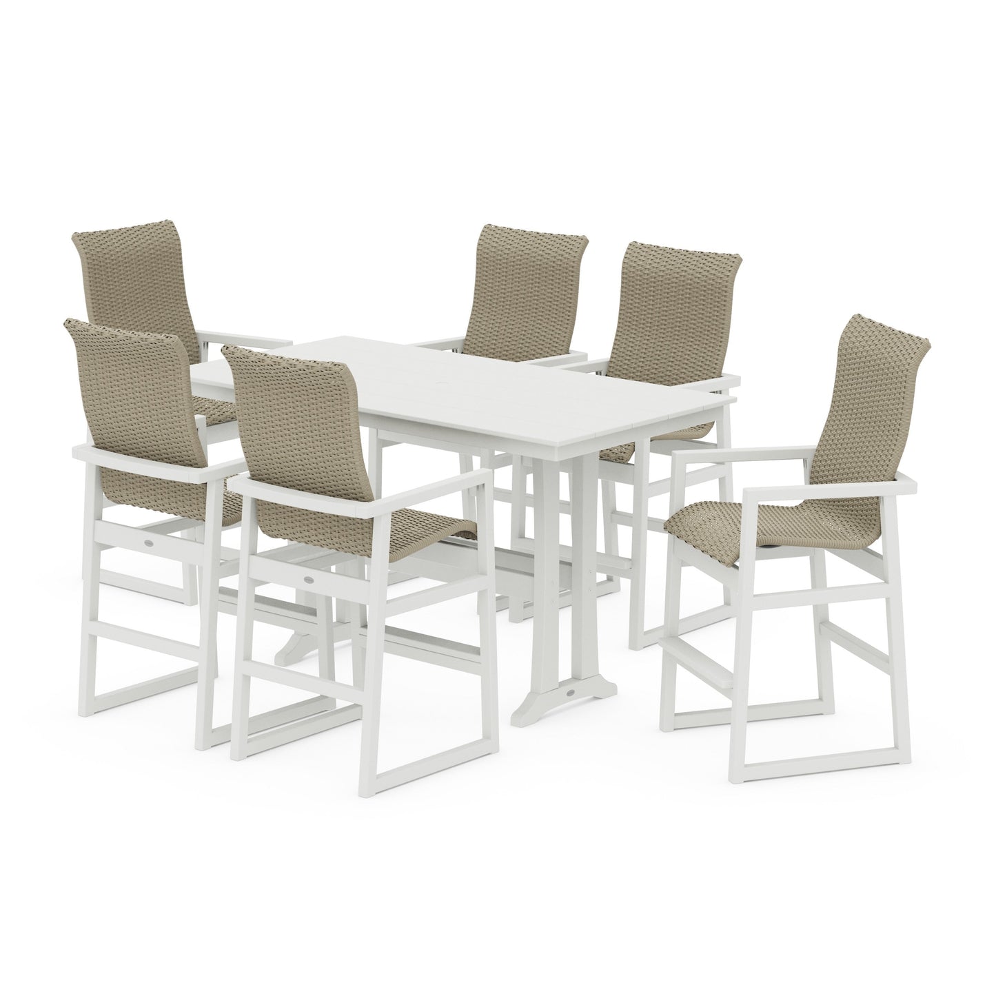 POLYWOOD EDGE Woven Highback Arm Chair 7-Piece Farmhouse Bar Set with Trestle Legs — Vintage White / Dune Grass