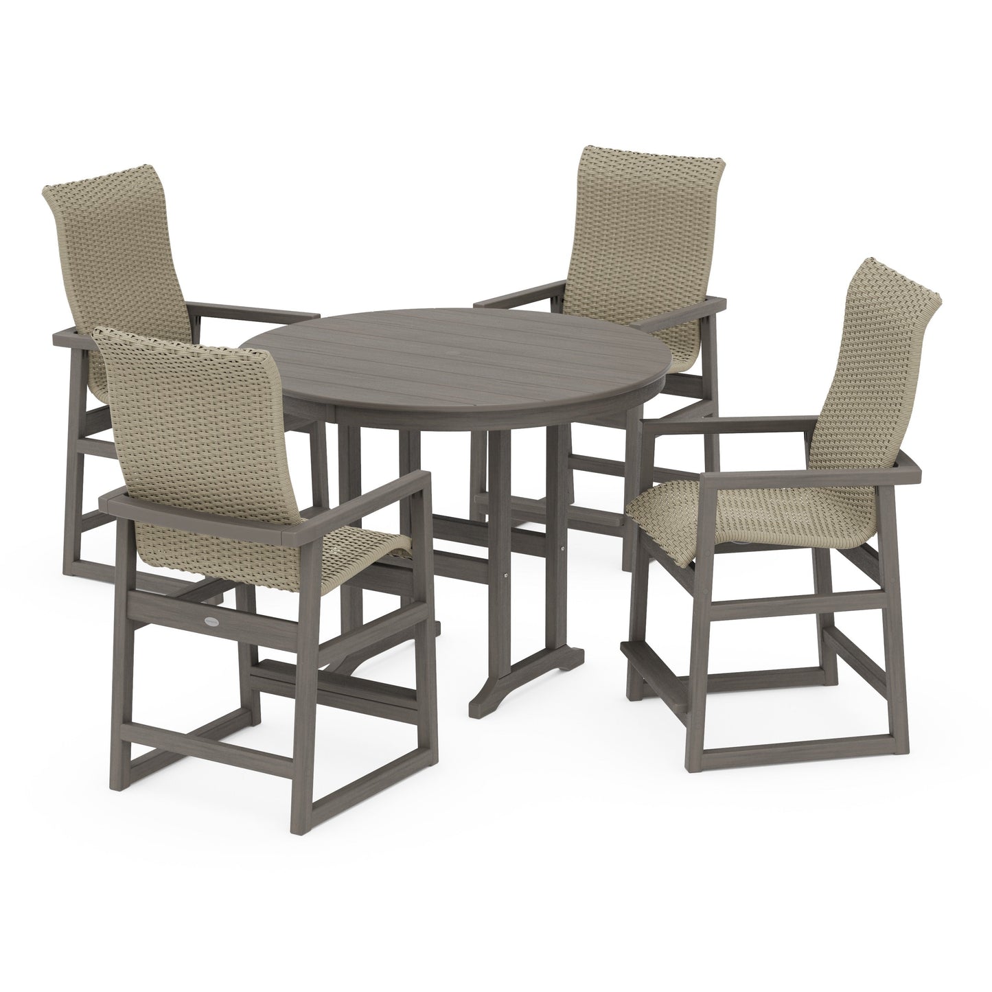 POLYWOOD EDGE Woven Highback 5-Piece Round Farmhouse Counter Set — Driftwood / Dune Grass