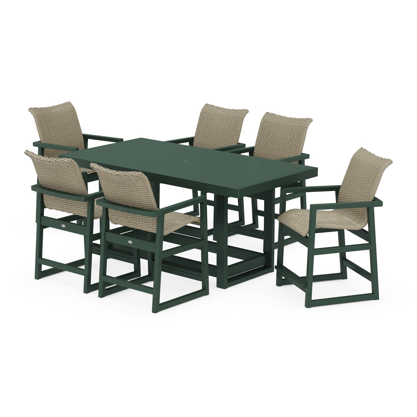 POLYWOOD EDGE Woven Arm Chair 7-Piece Counter Set — Green / Dune Grass