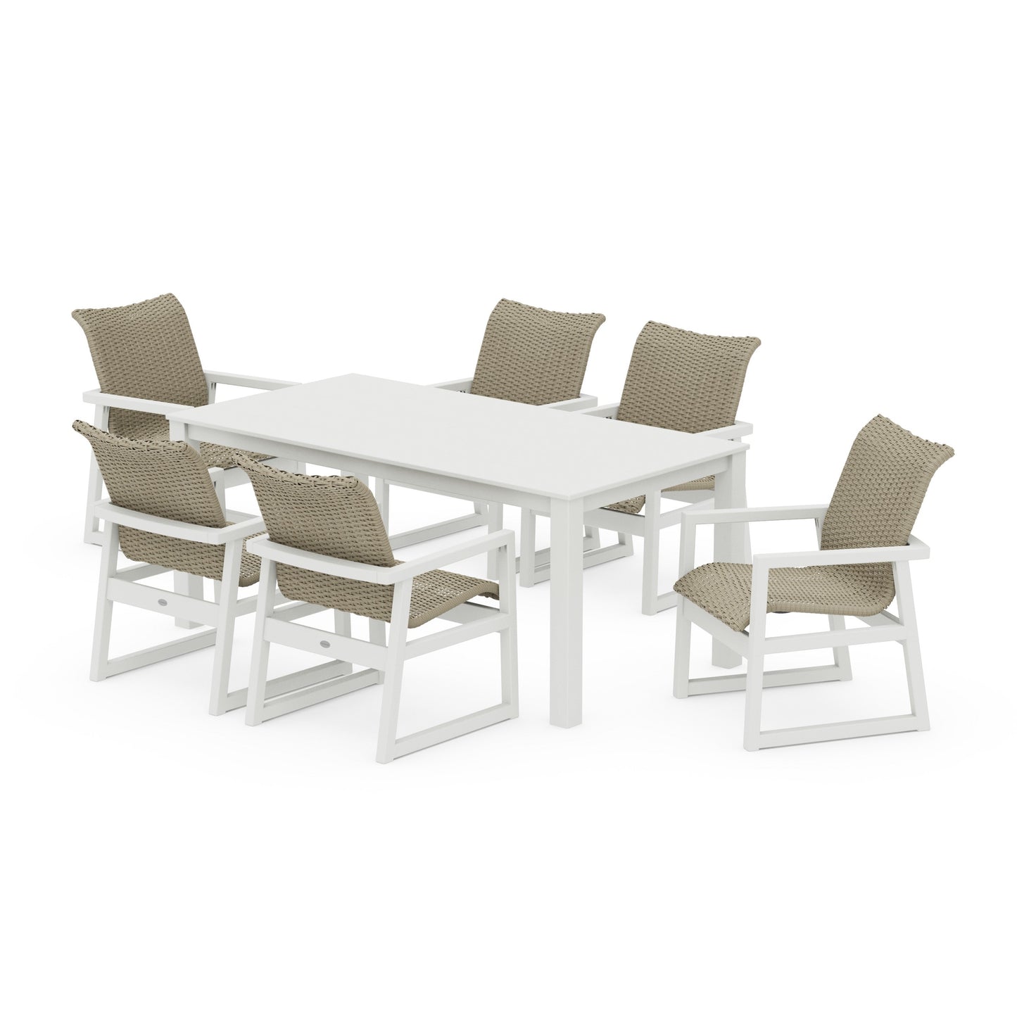 POLYWOOD EDGE Woven Arm Chair 7-Piece Parsons Dining Set — Vintage White / Dune Grass
