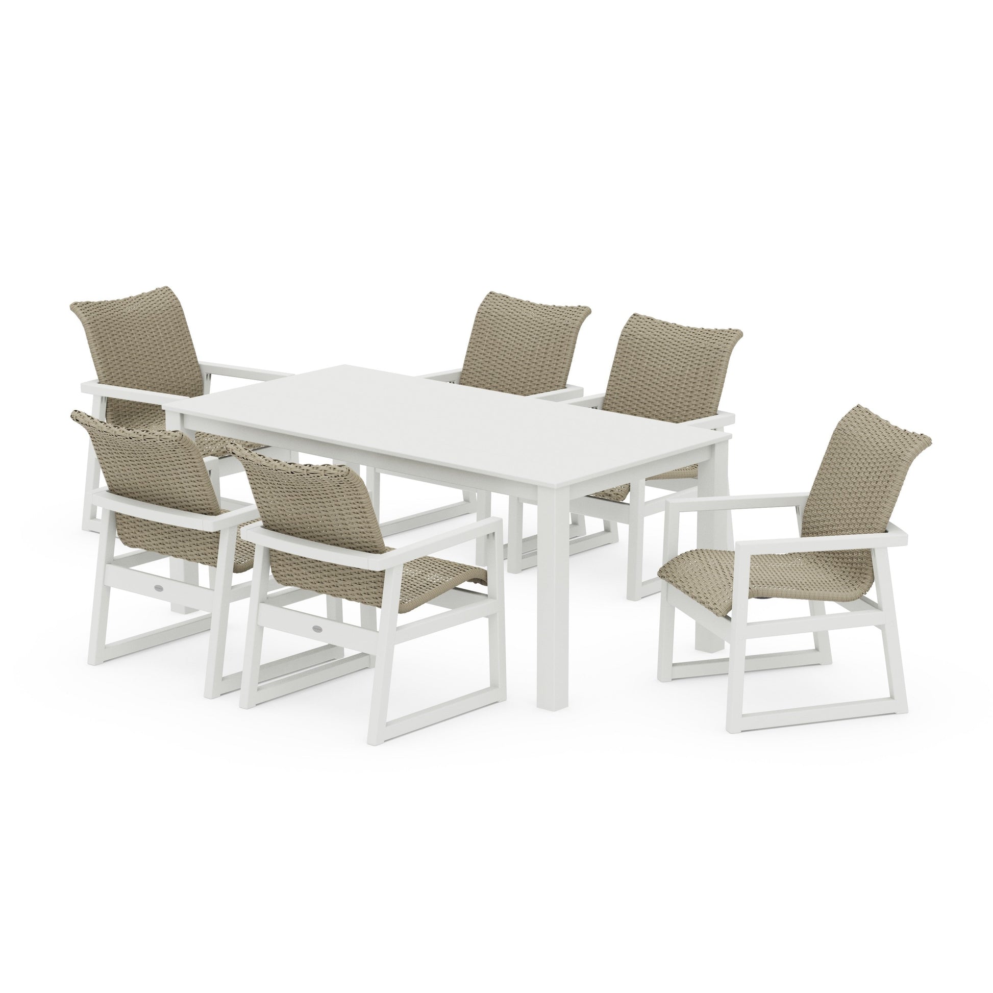 POLYWOOD EDGE Woven Arm Chair 7-Piece Parsons Dining Set — Vintage White / Dune Grass