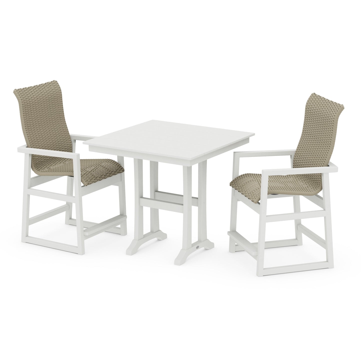 POLYWOOD EDGE Woven Highback 3-Piece Farmhouse Counter Set with Trestle Legs — Vintage White / Dune Grass