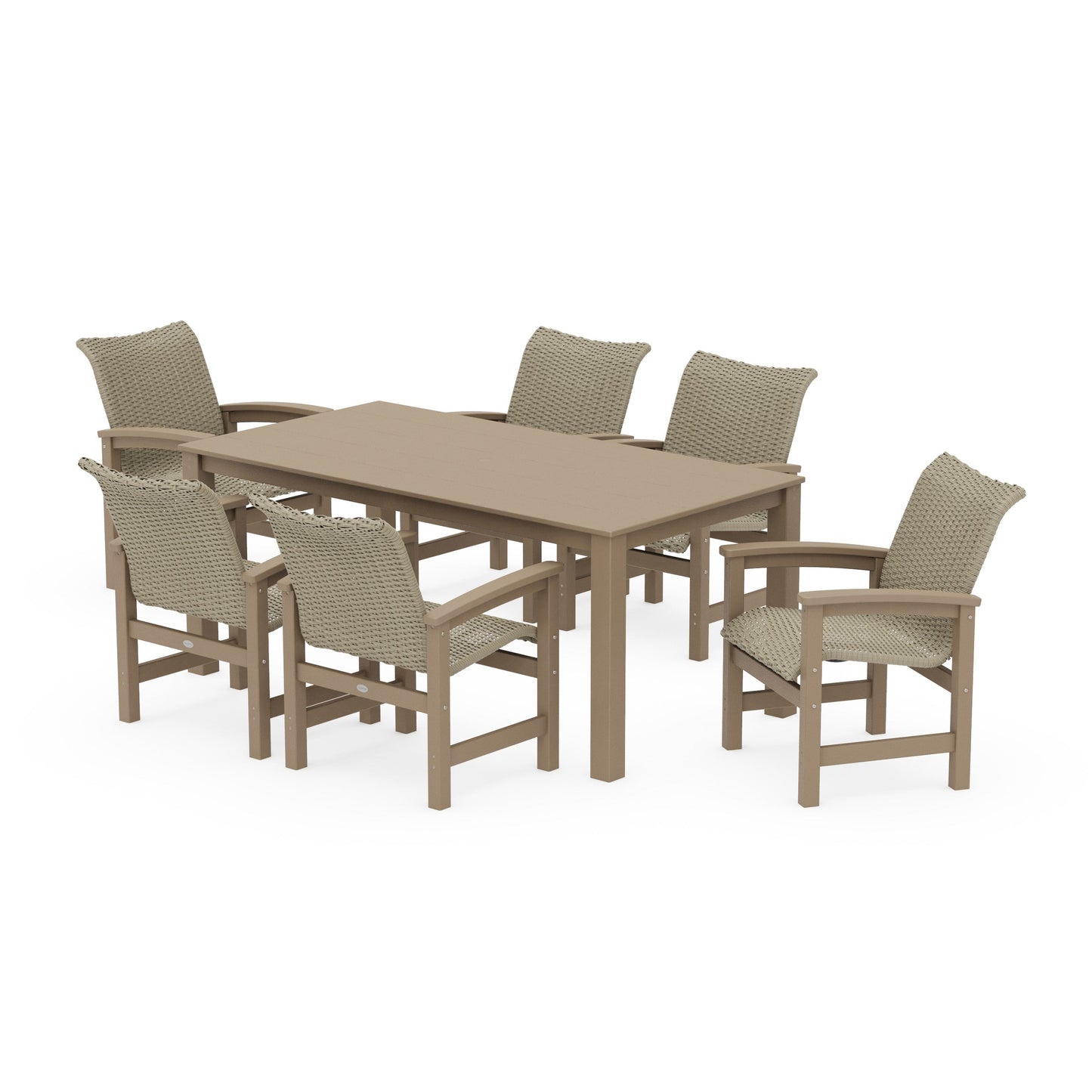 POLYWOOD Coastal Woven Arm Chair 7-Piece Parsons Dining Set — Vintage Sahara / Dune Grass