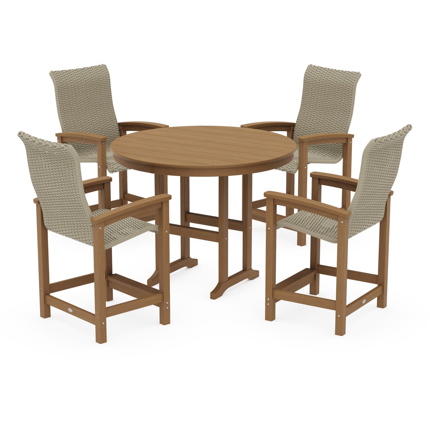 POLYWOOD Coastal Woven High-Back 5-Piece Round Farmhouse Counter Set — Natural / Dune Grass