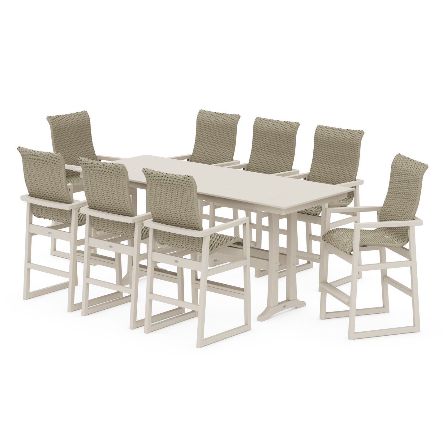 POLYWOOD EDGE Woven Highback 9-Piece Farmhouse Bar Set with Trestle Legs — Sand / Dune Grass