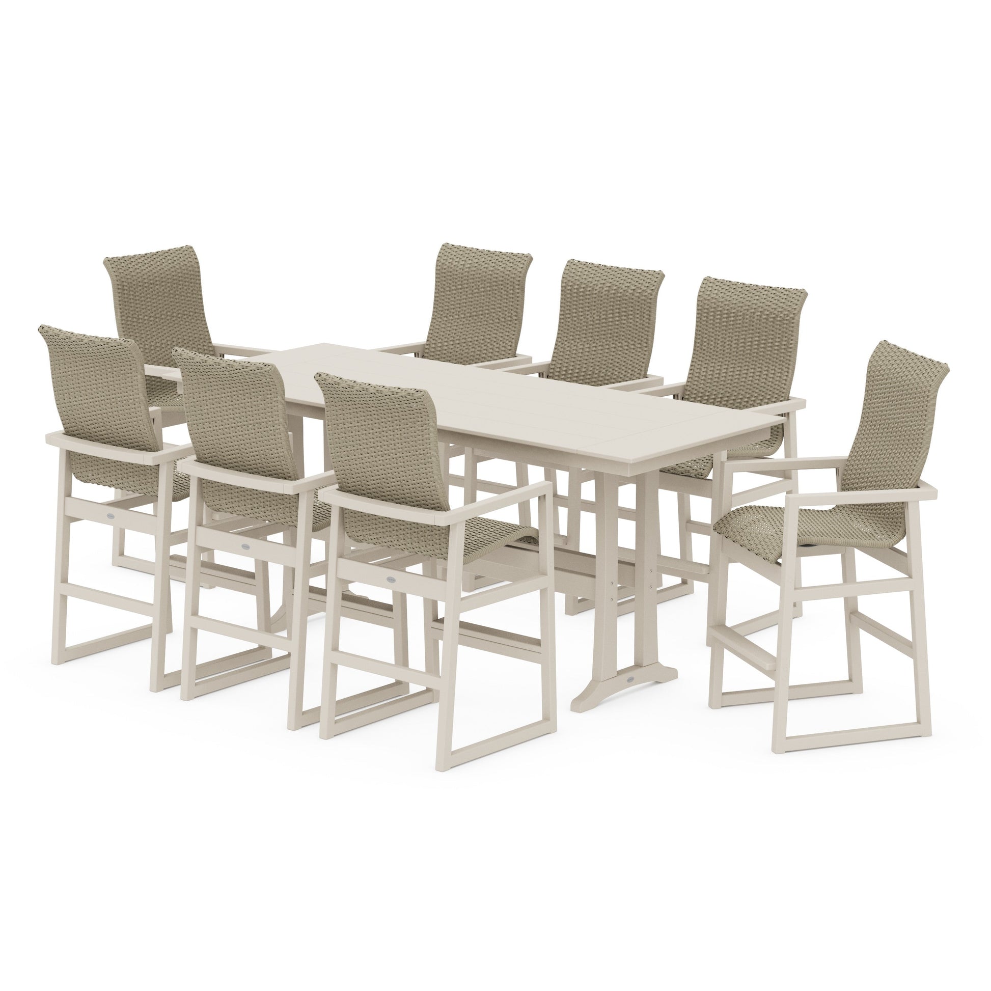 POLYWOOD EDGE Woven Highback 9-Piece Farmhouse Bar Set with Trestle Legs — Sand / Dune Grass