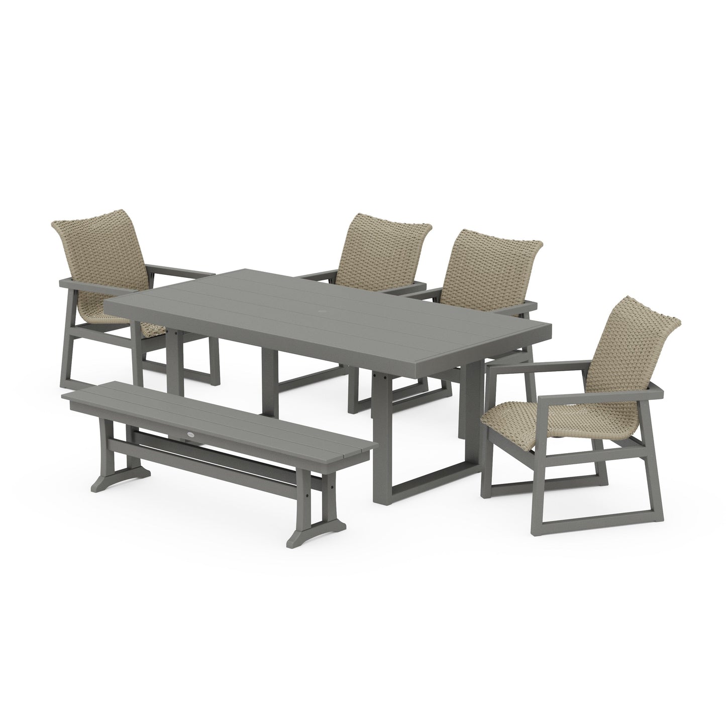 POLYWOOD EDGE Woven 6-Piece Dining Set with Bench — Slate Grey / Dune Grass