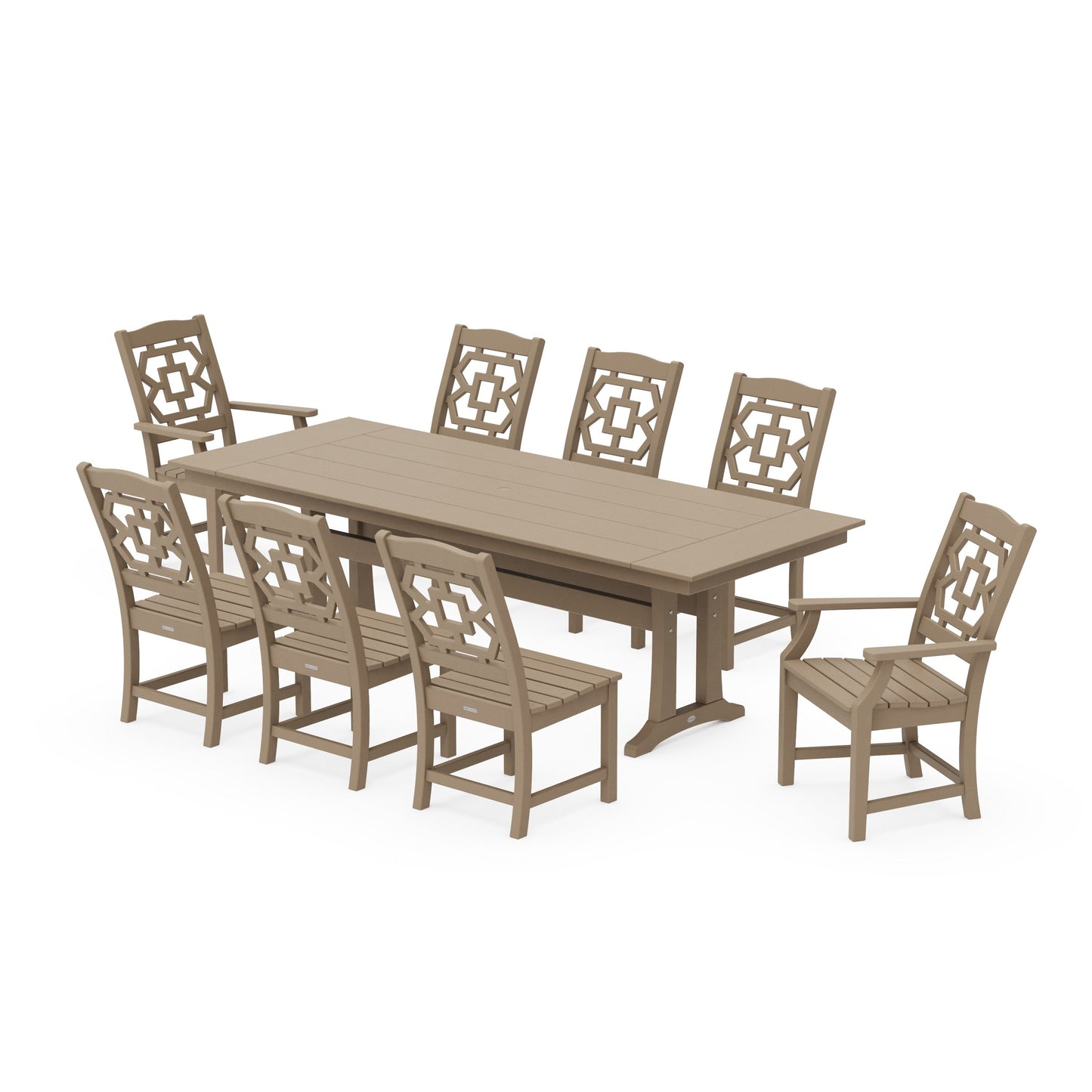 POLYWOOD Chinoiserie 9-Piece Farmhouse Dining Set with Trestle Legs — Vintage Sahara
