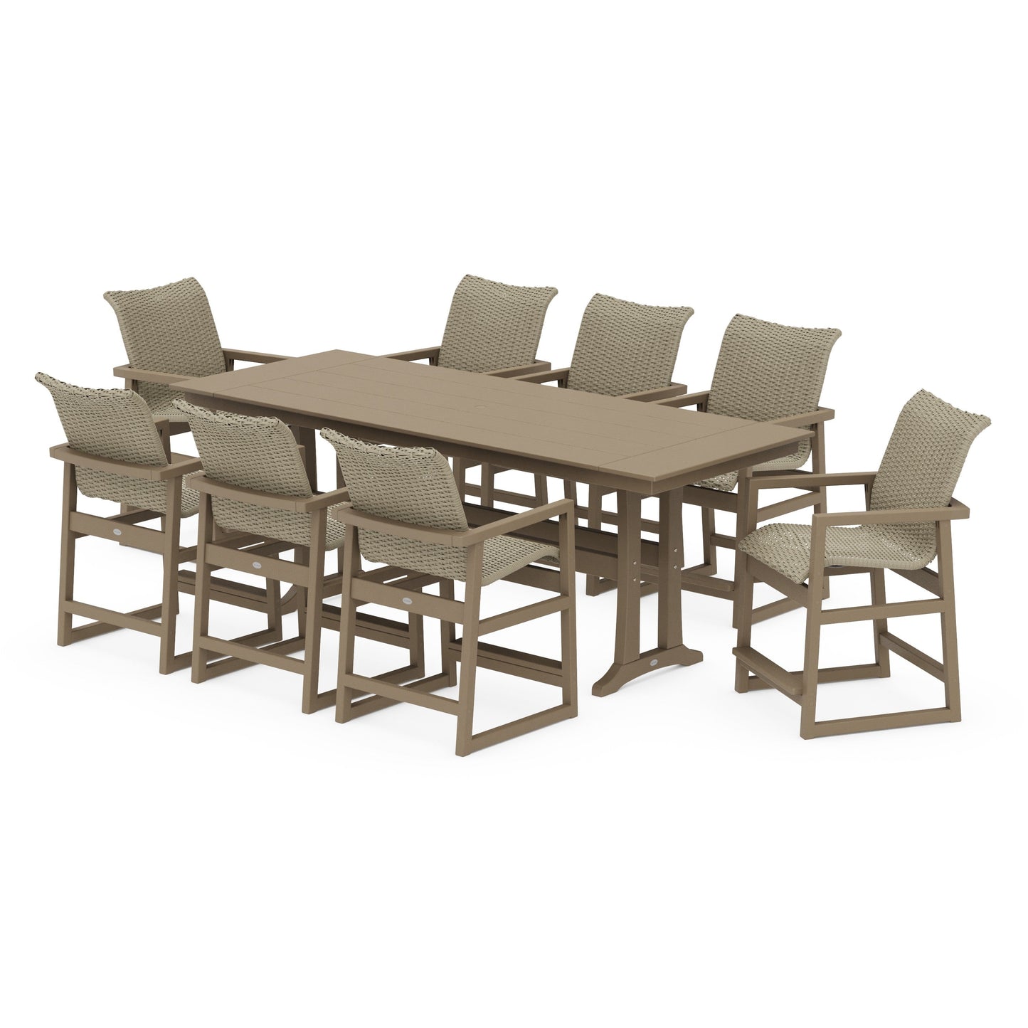 POLYWOOD EDGE Woven 9-Piece Farmhouse Counter Set with Trestle Legs — Vintage Sahara / Dune Grass