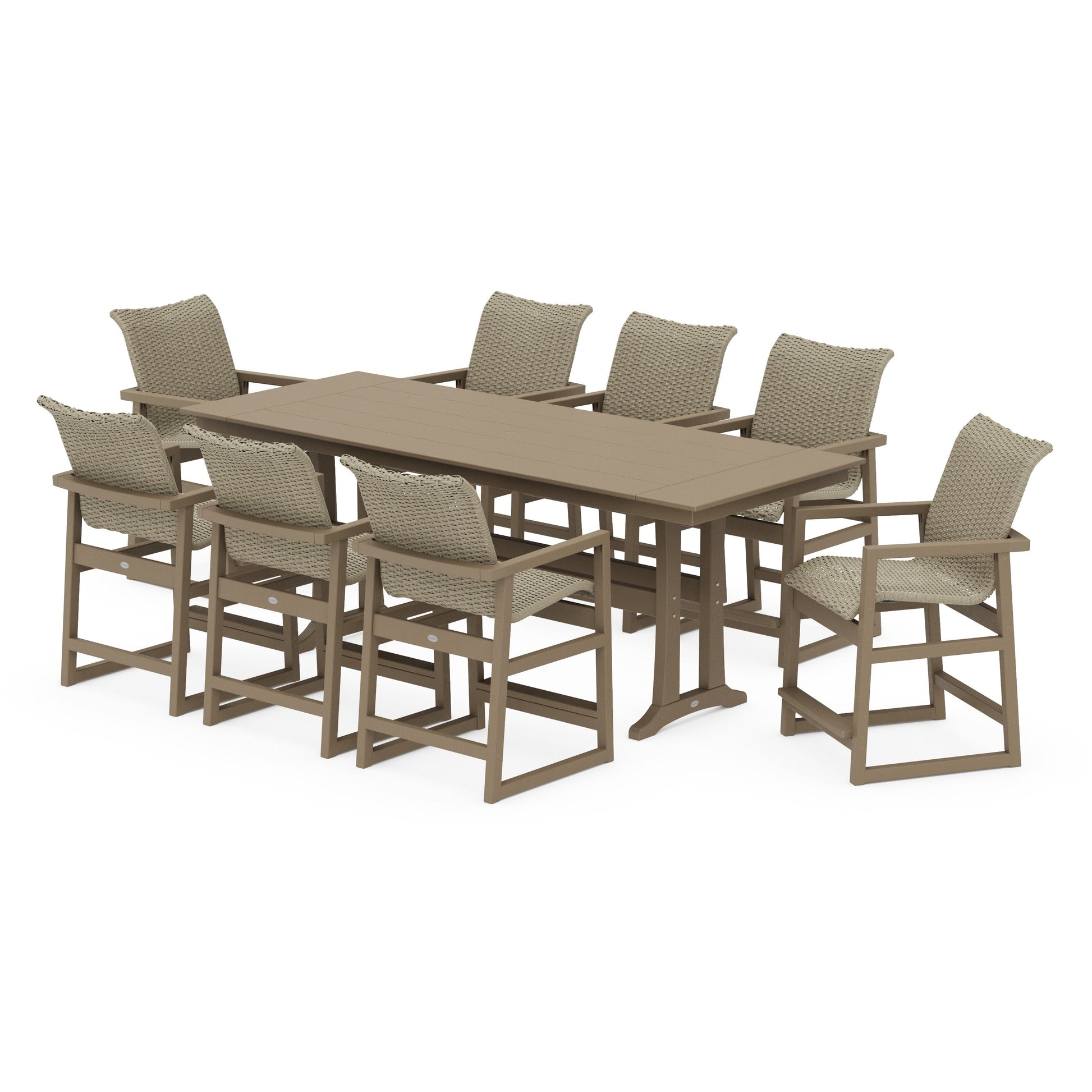 POLYWOOD EDGE Woven 9-Piece Farmhouse Counter Set with Trestle Legs — Vintage Sahara / Dune Grass