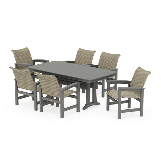POLYWOOD Coastal Woven Arm Chair 7-Piece Dining Set with Trestle Legs — Slate Grey / Dune Grass
