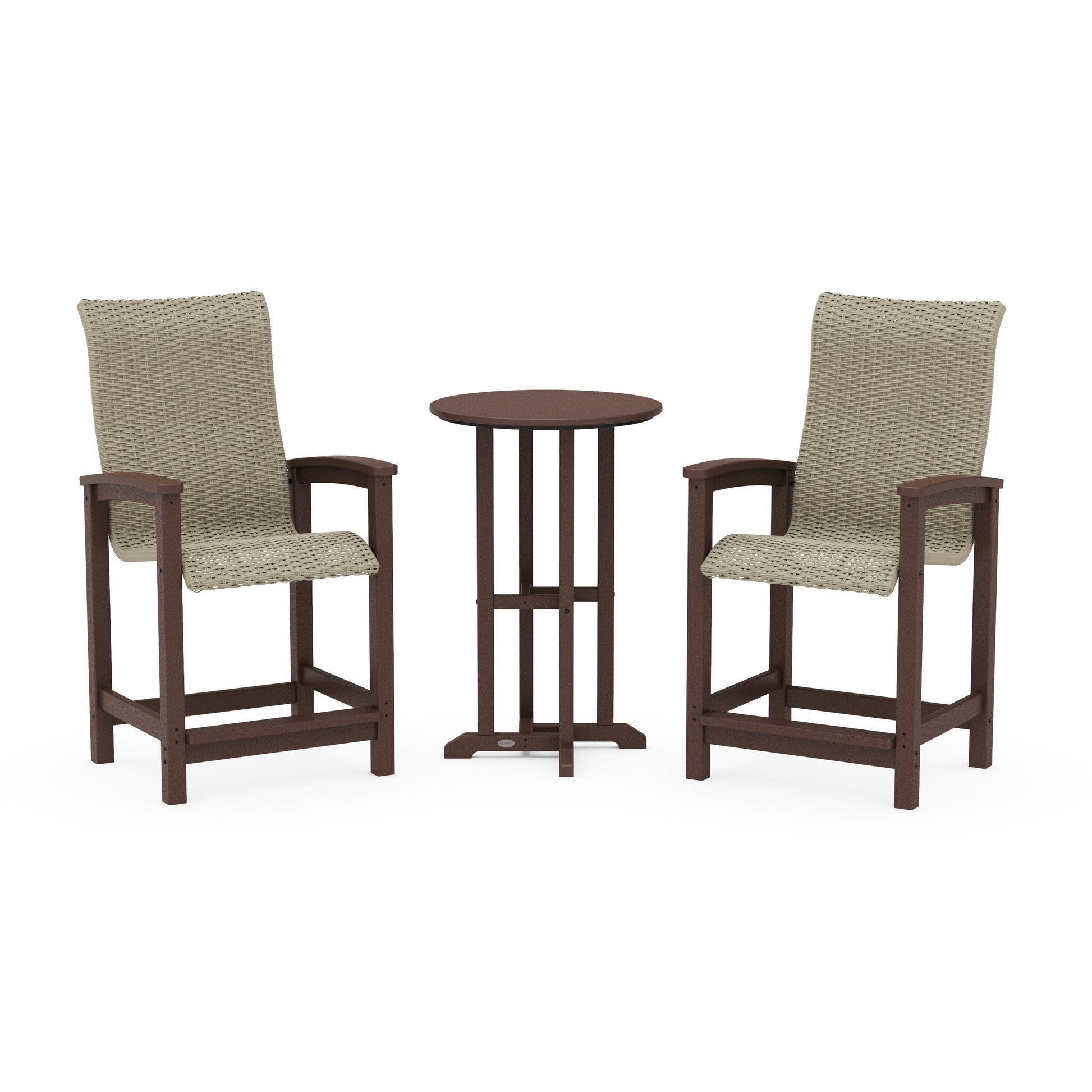 POLYWOOD Coastal Woven High-Back 3-Piece Farmhouse Counter Set — Mahogany / Dune Grass