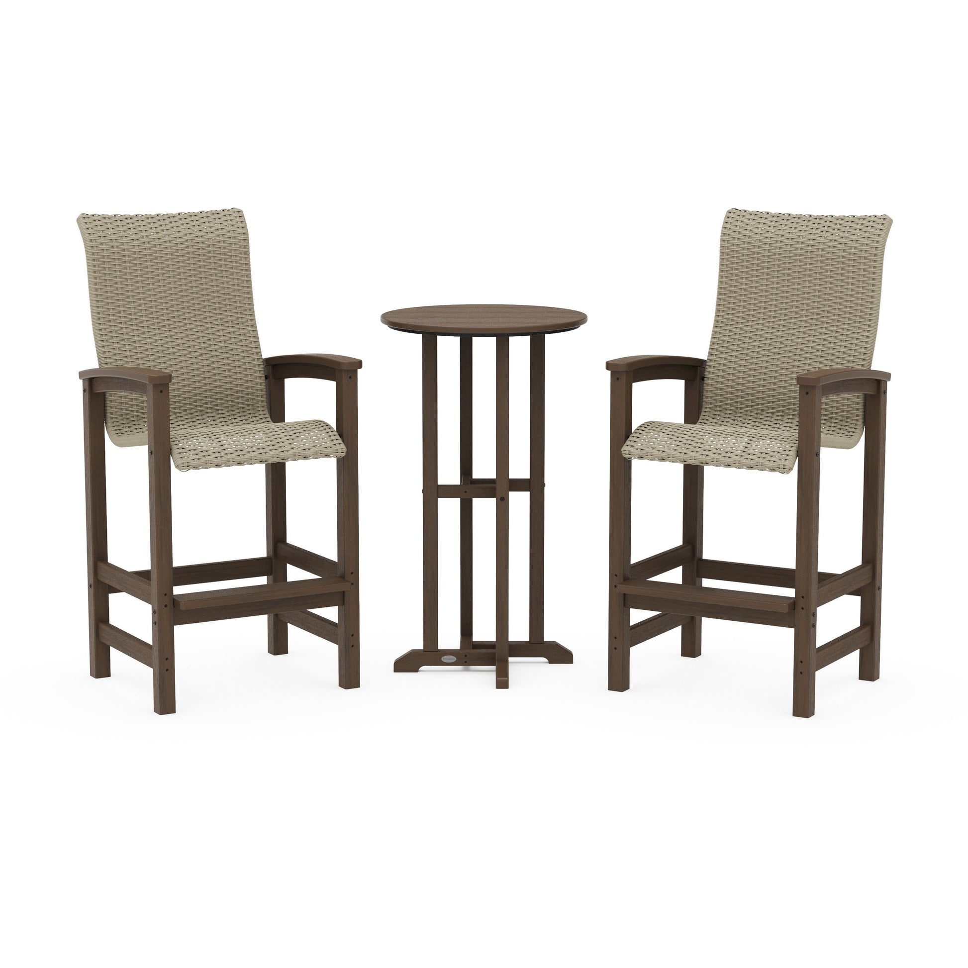 POLYWOOD Coastal Woven High-Back 3-Piece Farmhouse Bar Set — Kona / Dune Grass